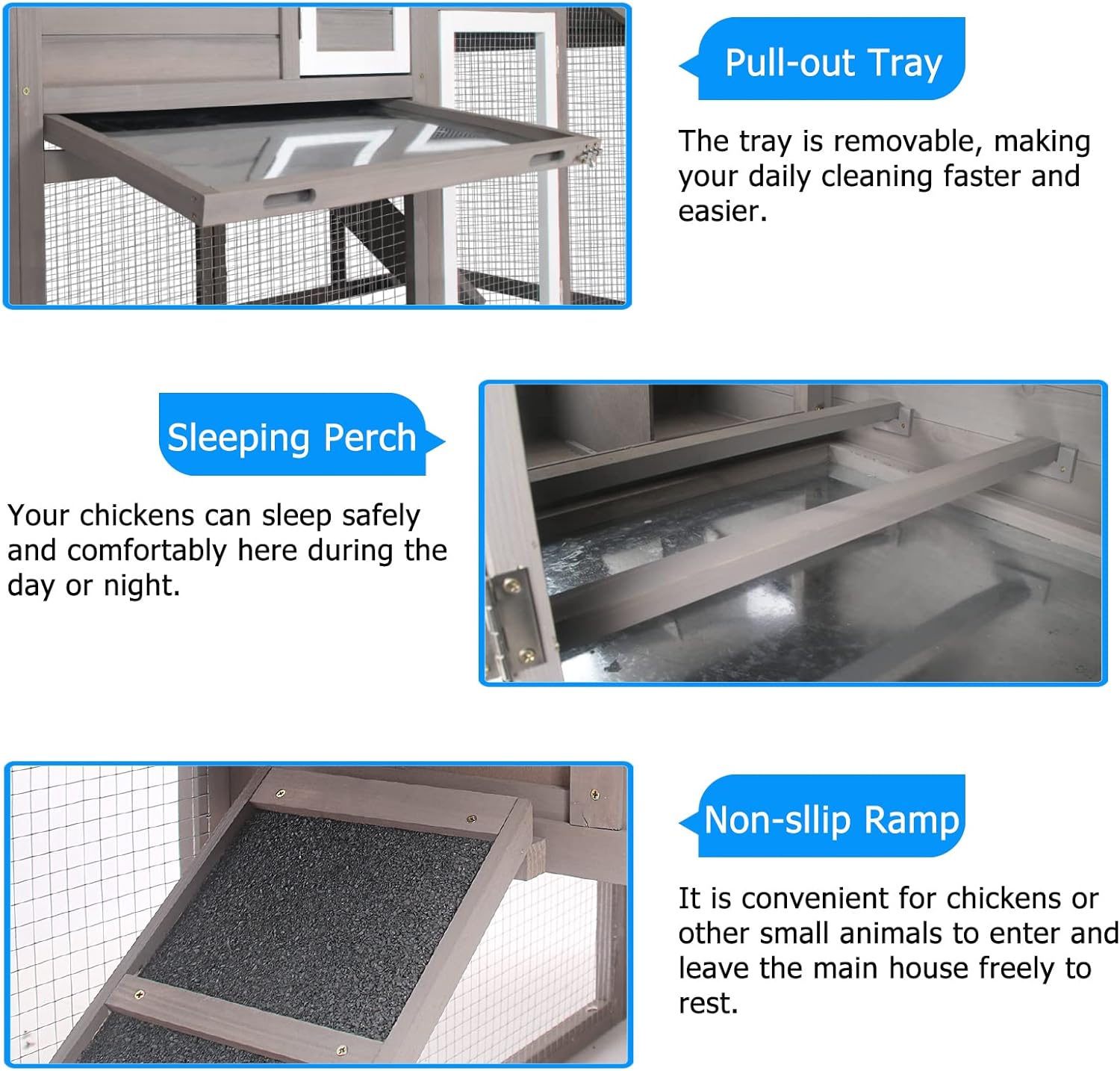 PetsCosset Chicken Coop Wooden Backyard Hen House - Indoor Outdoor for 2-3 Chickens, 2 Story Poultry Cage with Run, Chicken Nesting Box, Pull Out Trays and Anti-Slip Asphalt Ramp