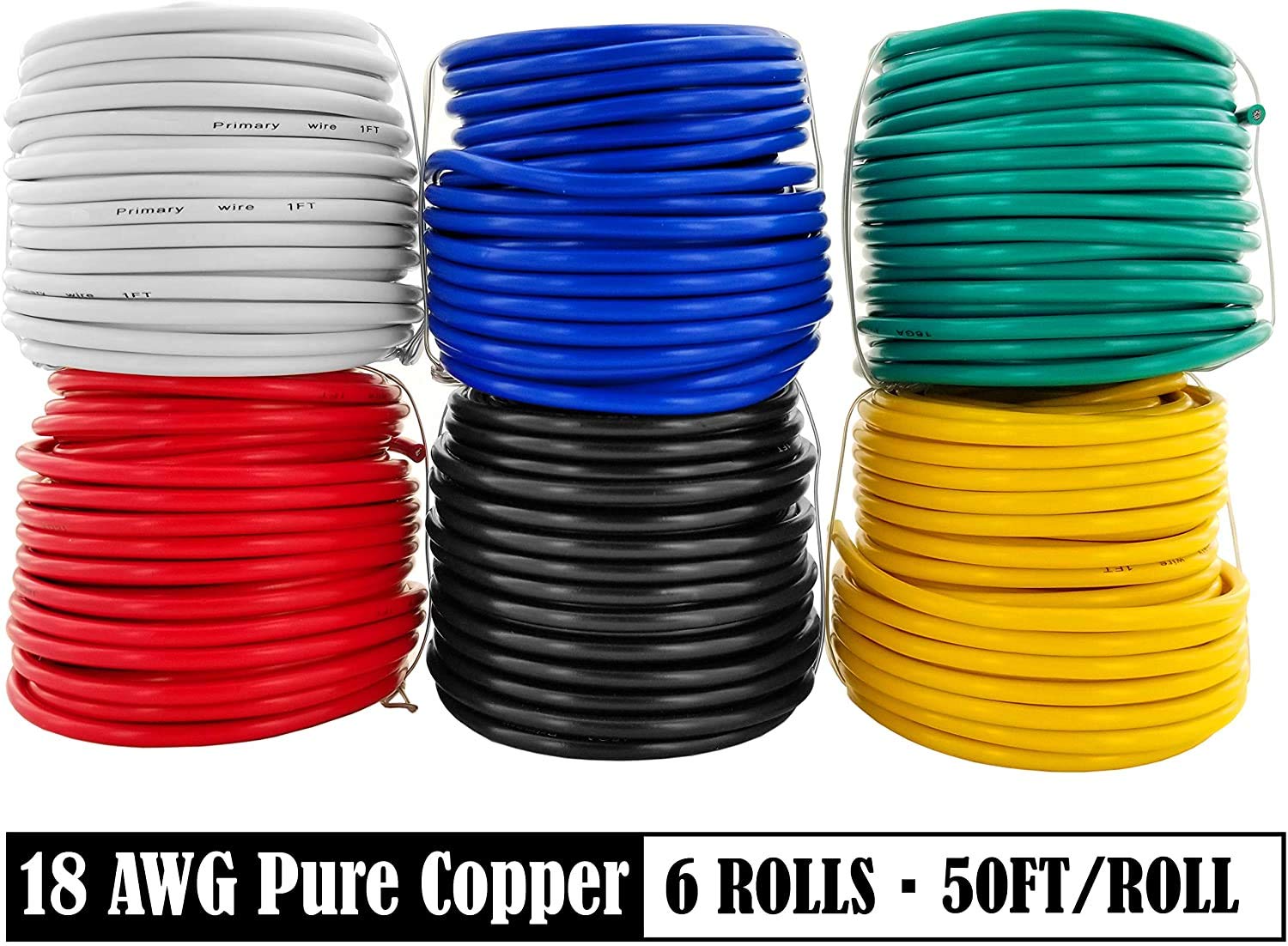 GS Power 300ft 18 Gauge Wire Oxygen Free Pure Copper Primary Wire, 50ft Roll, 6 Colors, OFC 12v 18AWG for Automotive Audio Video Electric Trailer Stereo RC Car Home Theater LED Lamp Wiring Electrical