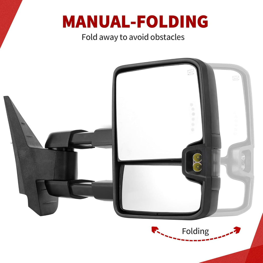 YITAMOTOR Towing Mirrors Compatible with 2007-2014 Silverado Sierra 1500 2500 3500 HD/Avalanche/Suburban, Power Heated Manually Folding Switchback Turn Signal Light Running Lights (Black inside)