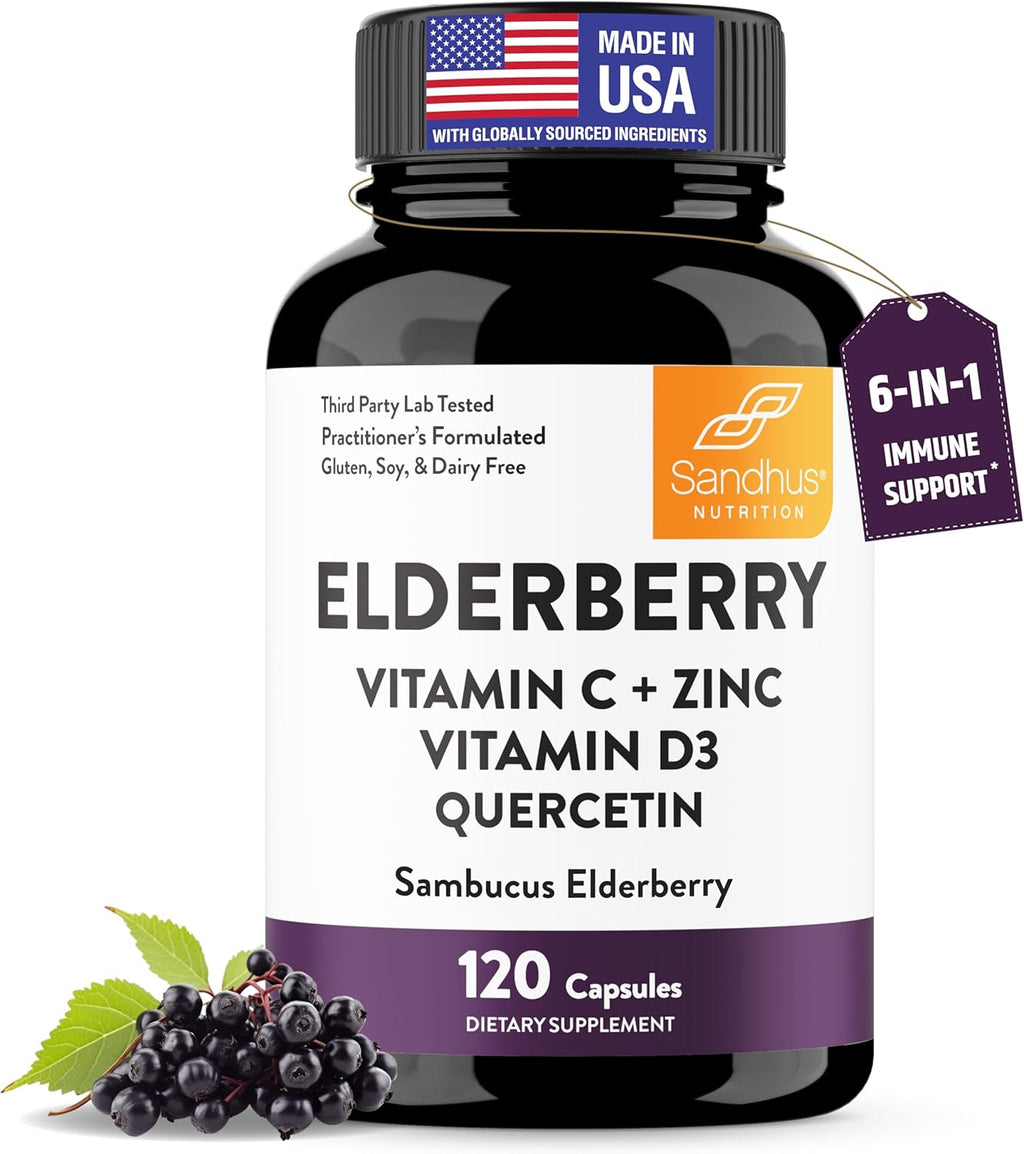 Elderberry Vitamin C and Zinc with Quercetin & Vitamin D3 | 6-in-1 Immunity Supplement | Sambucus Elder Berry Antioxidants Capsules for Adults | Supports Immune Health | 120 Count (Pack of 1)