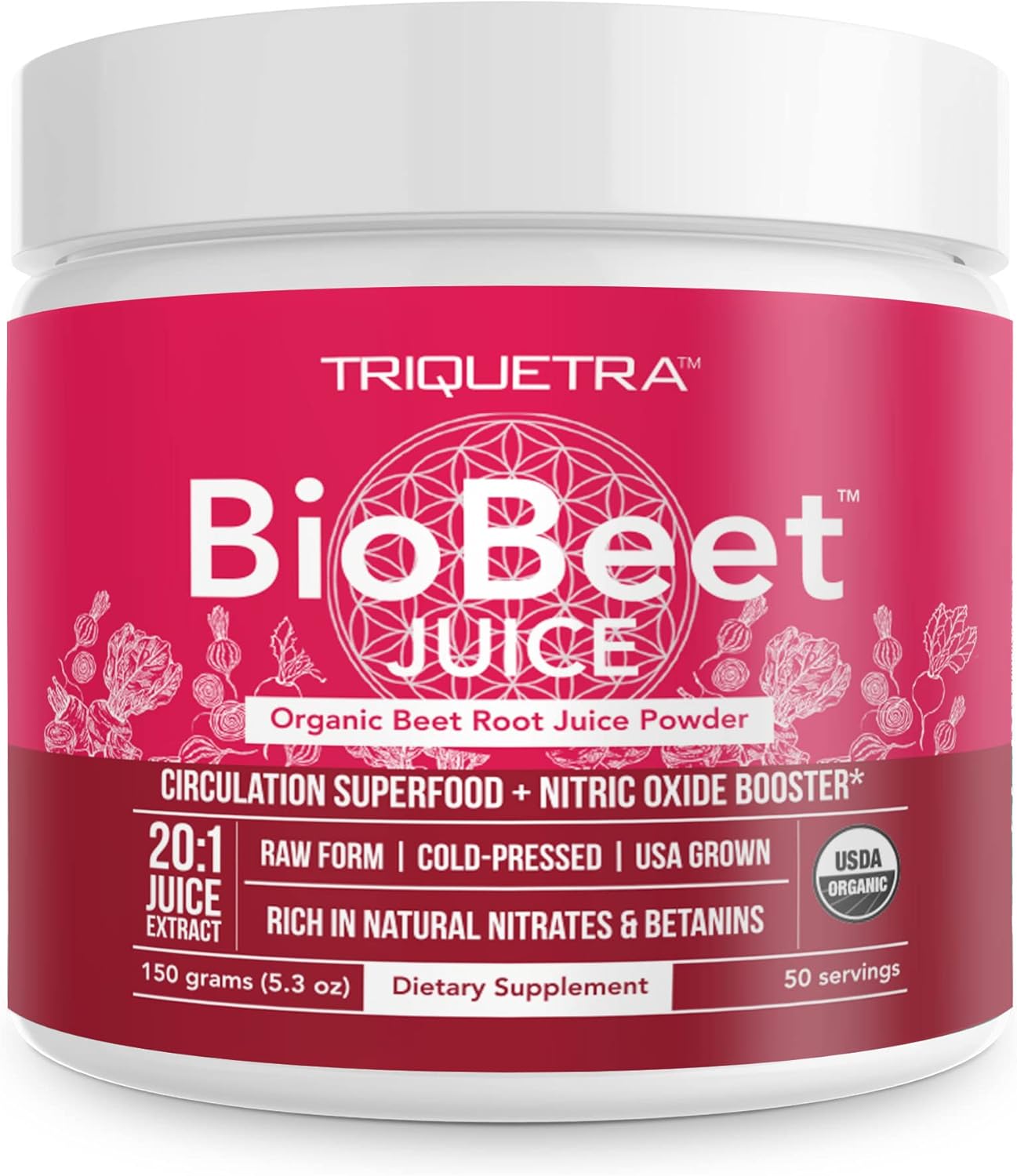 BioBeet Max Strength Beet Root Juice Powder – 20:1 Concentrate, Each Serving Derived from 60,000 mg Organic Beetroot - Cold-Pressed, USA Grown – Nitric Oxide, Circulation Support – 50 Servings