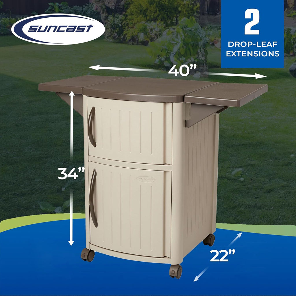 Suncast Serving Station Patio Cabinet, Portable Grill Prep Table, Light Taupe & Mocha - Includes Side Shelves, Storage Cabinets, Server Tray and Wheels for Outdoor BBQ Grilling and Backyard Dining