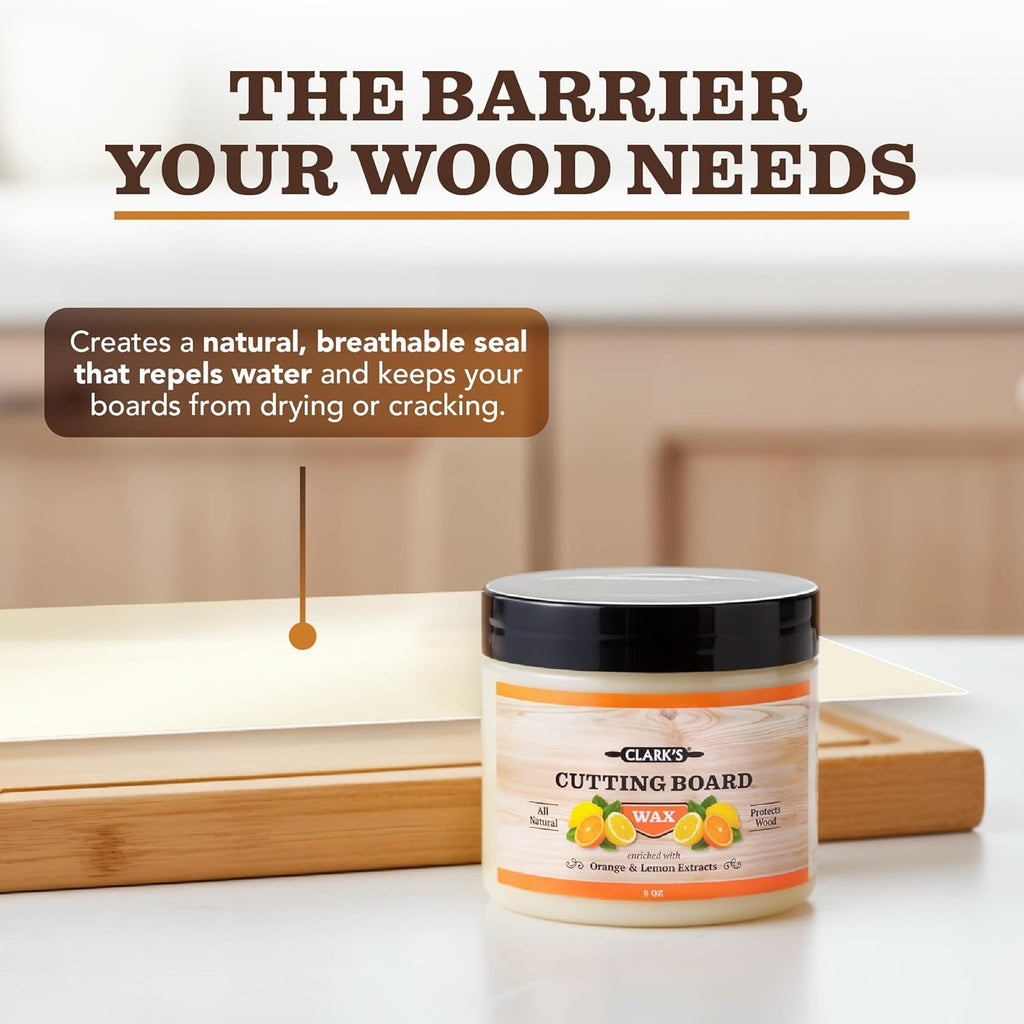 CLARK'S Cutting Board Wax - 2-in-1 Wood Butter & Food Grade Mineral Oil with Beeswax ¨C Butcher Block Conditioner for Cutting Boards ¨C Orange & Lemon Essential Oil Scent ¨C Made in USA, 6oz