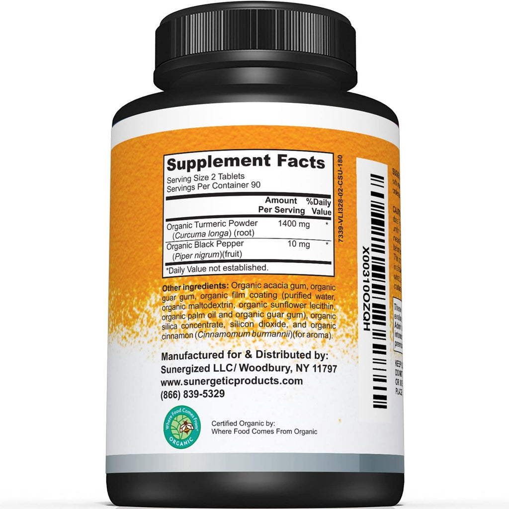 Sunergetic USDA Certified Organic Turmeric Supplement ¨C Includes Organic Turmeric & Organic Black Pepper ¨C 1,400mg of Turmeric per Serving - 180 Count (Pack of 1)