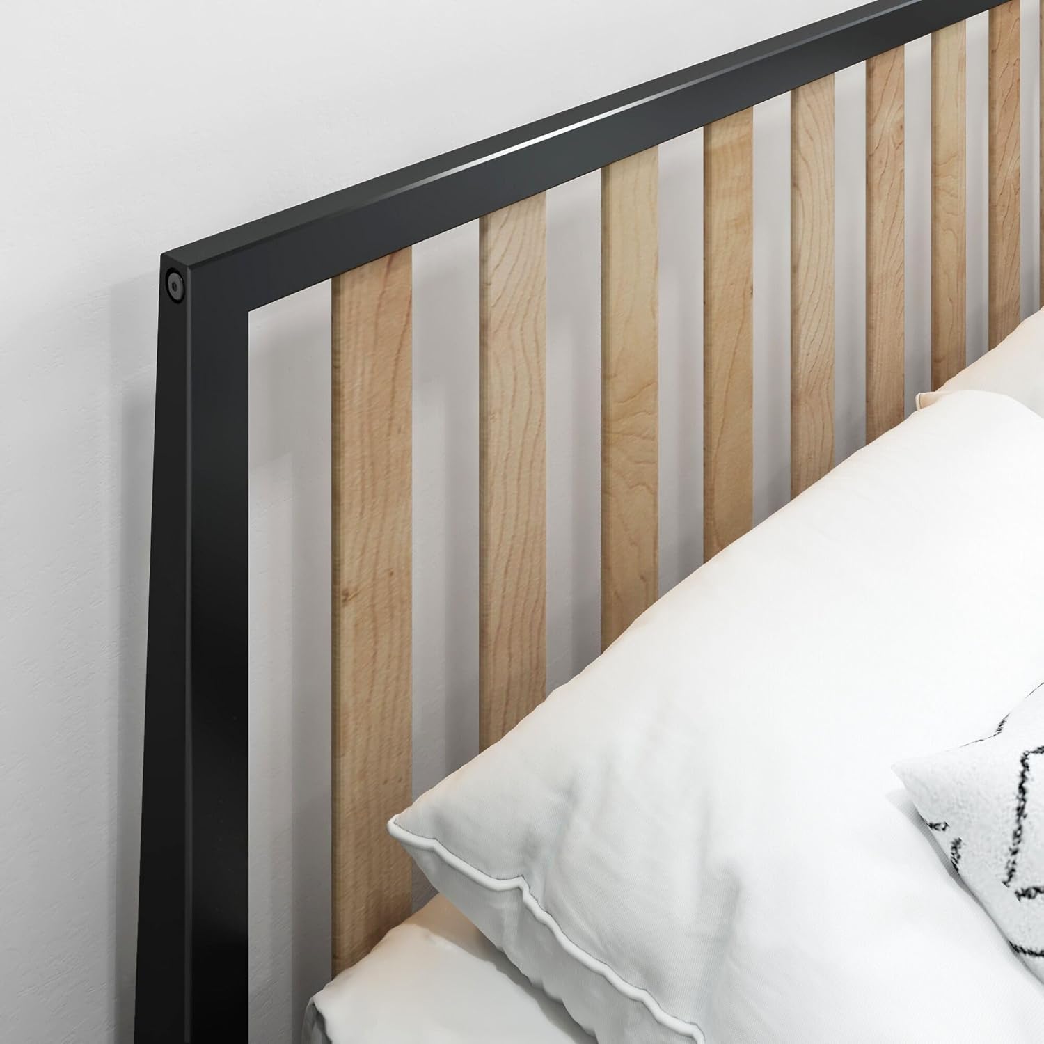 Plank+Beam Modern Solid Wood Queen Bed Frame with Slatted Headboard, Scandinavian Platform Bed with Wood Slat Support, Easy to Assemble, Black/Blonde