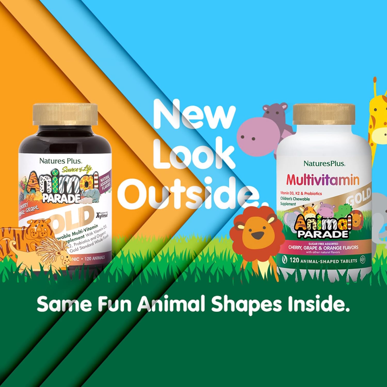 Nature Plu Anima Parad Gol Children' Multivitami Assorte Cherry Orang Grap Flavor 12 Chewabl Animal-Shape Tablet Vegetarian Glute Fre 6 Servings