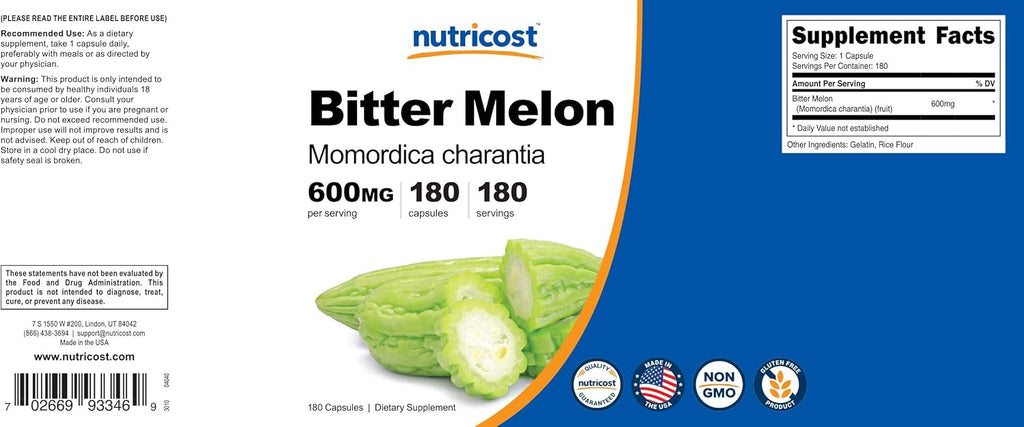 Nutricost Bitter Melon 600mg (2,400mg Equivalent), 180 Capsules - Gluten Free, Non-GMO
