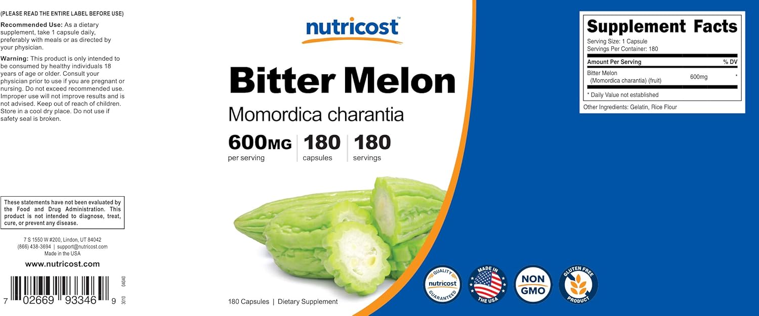 Nutricost Bitter Melon 600mg (2,400mg Equivalent), 180 Capsules - Gluten Free, Non-GMO