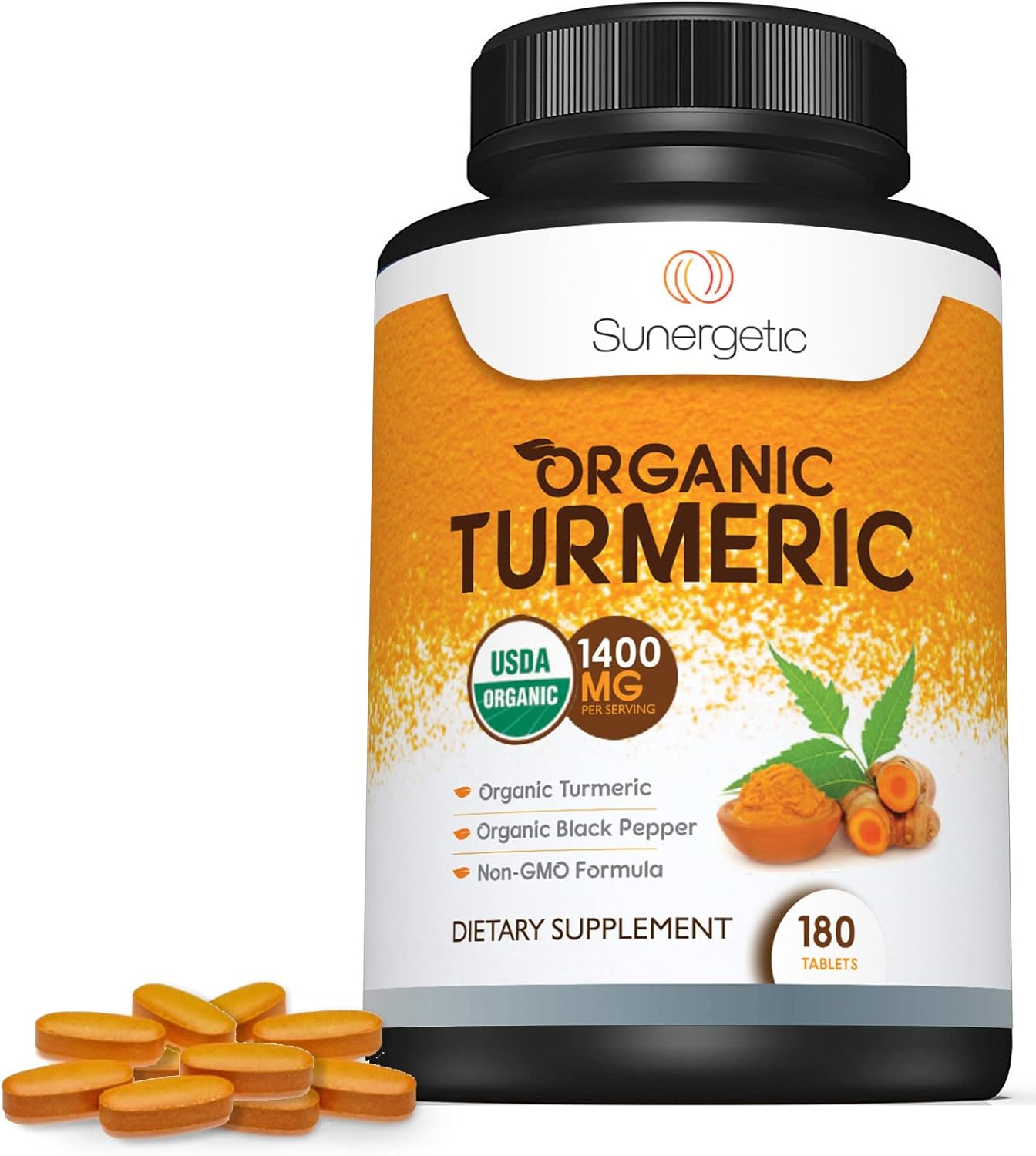 Sunergetic USDA Certified Organic Turmeric Supplement ¨C Includes Organic Turmeric & Organic Black Pepper ¨C 1,400mg of Turmeric per Serving - 180 Count (Pack of 1)
