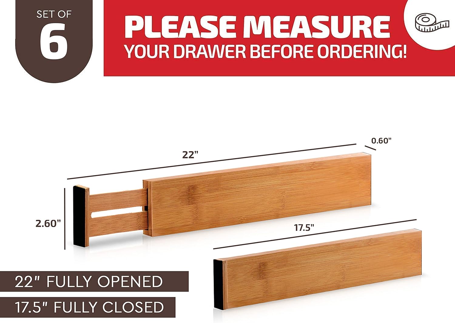 6 Pack Bamboo Drawer Dividers - 17inch to 21.5inch Expandable Adjustable Drawer Organizer for Kitchen Utensils, Large Kitchen Drawer Divider, Clothes, Dresser, Bedroom, Bathroom & Desk Drawer Separator Set