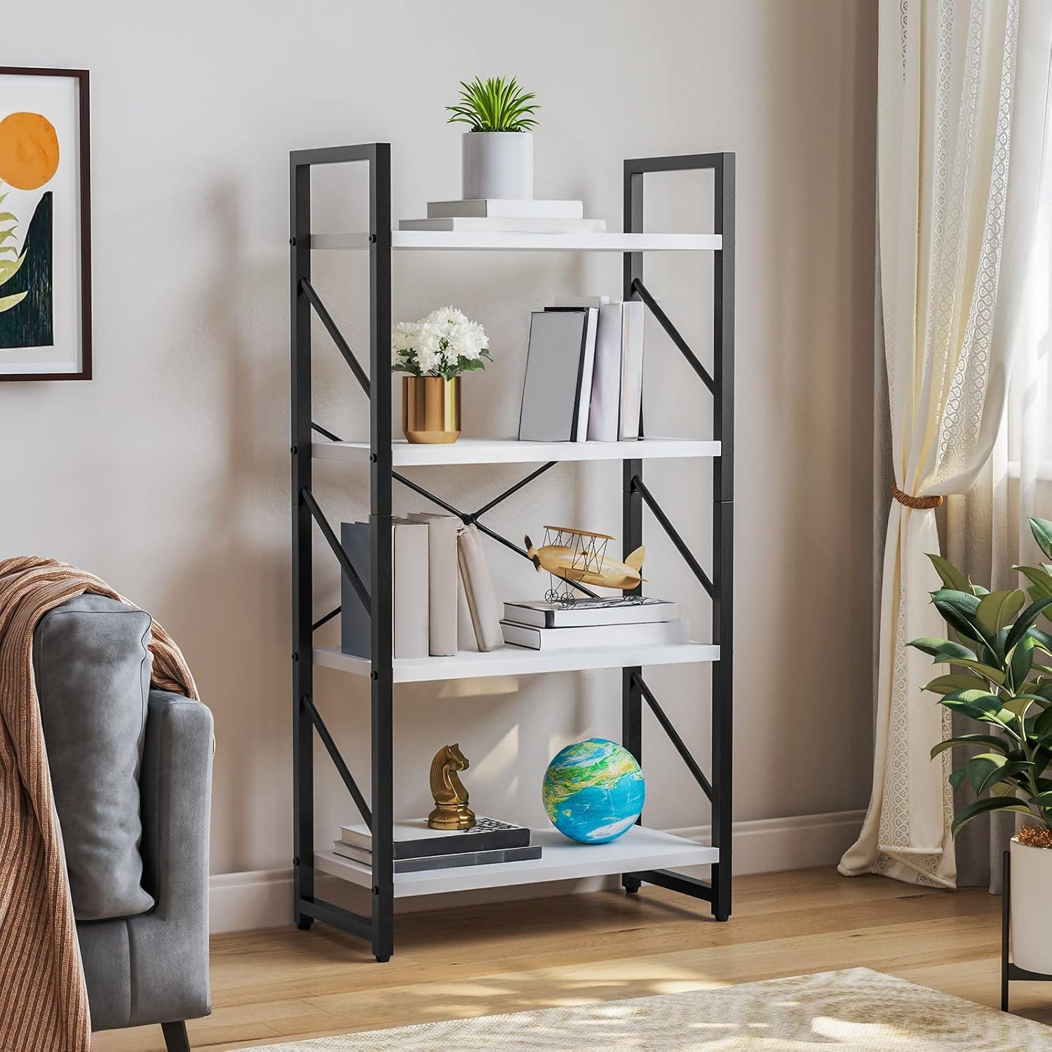 YITAHOME 4-Tier Bookshelf, Modern Free Standing 4 Shelf Bookcases and Bookshelves, Open Display Storage Book Shelves Book Rack Organizer Standing Shelving for Living Room Home Office, White