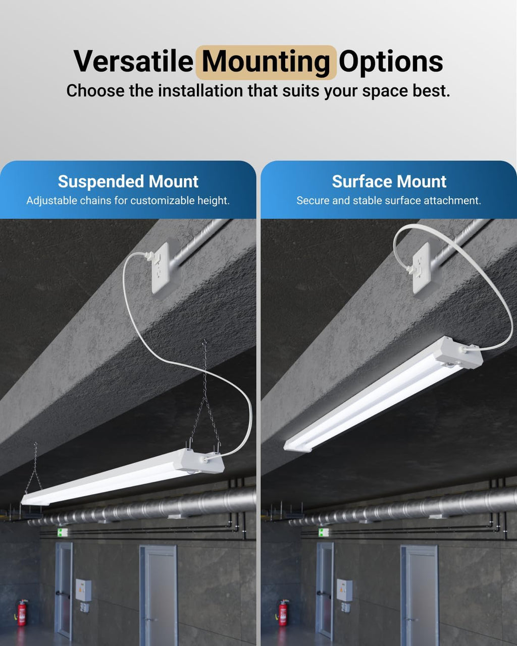 Sunco Motion Sensor 4ft LED Shop Light, Garage Lights Ceiling LED Plug-in Fixtures, 40W, 5000K Daylight, 4300 Lumens, Frosted, Motion Activated, Linkable Suspension Mount, ETL 2 Pack.