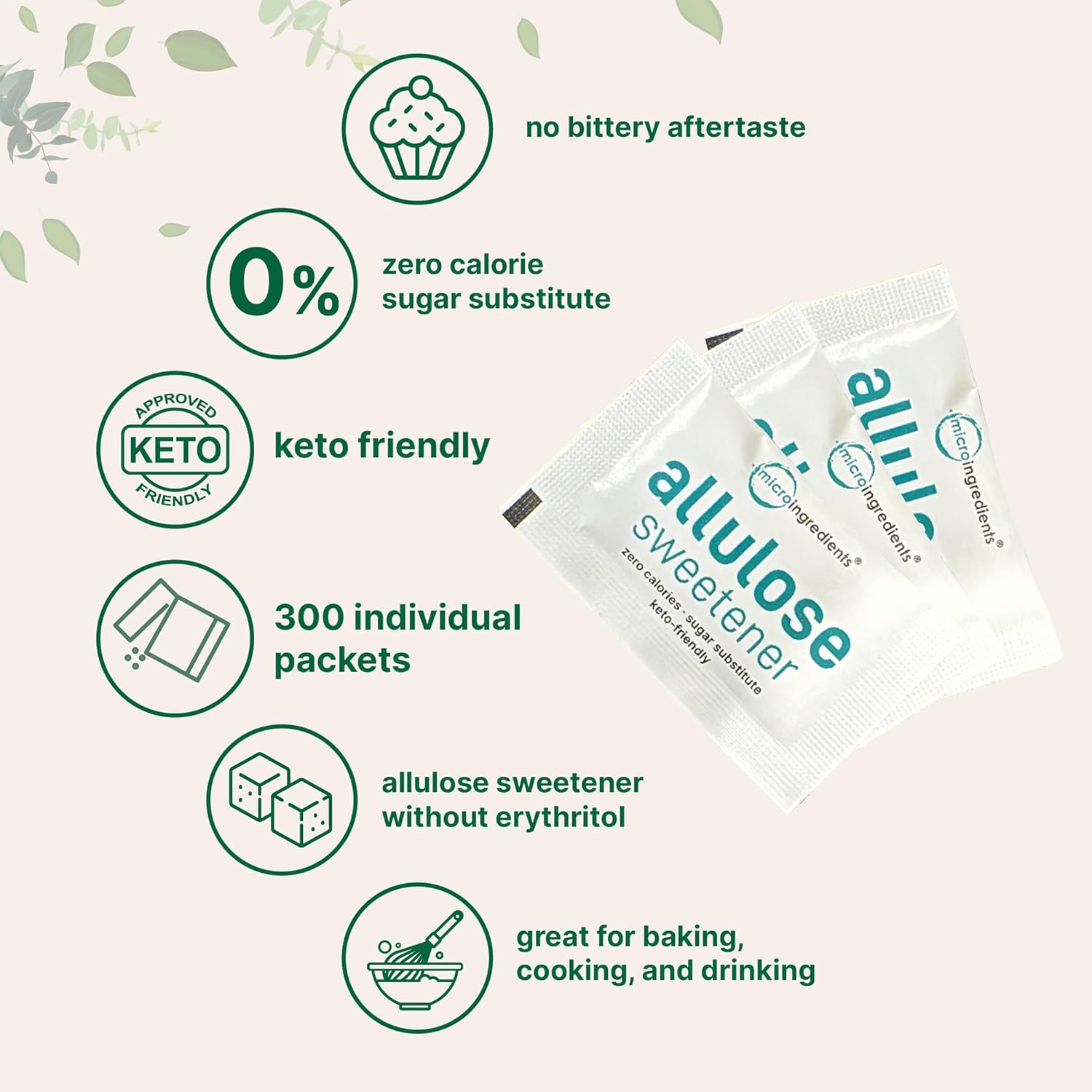 Allulose Sweetener, 300 Packets | Zero Calorie, Plant Based Sugar Substitute, No After Taste | Best for Coffee, Drinks, Tea, Snacks, Cooking, & Baking | Keto Diet & Vegan Friendly | Erythritol Free