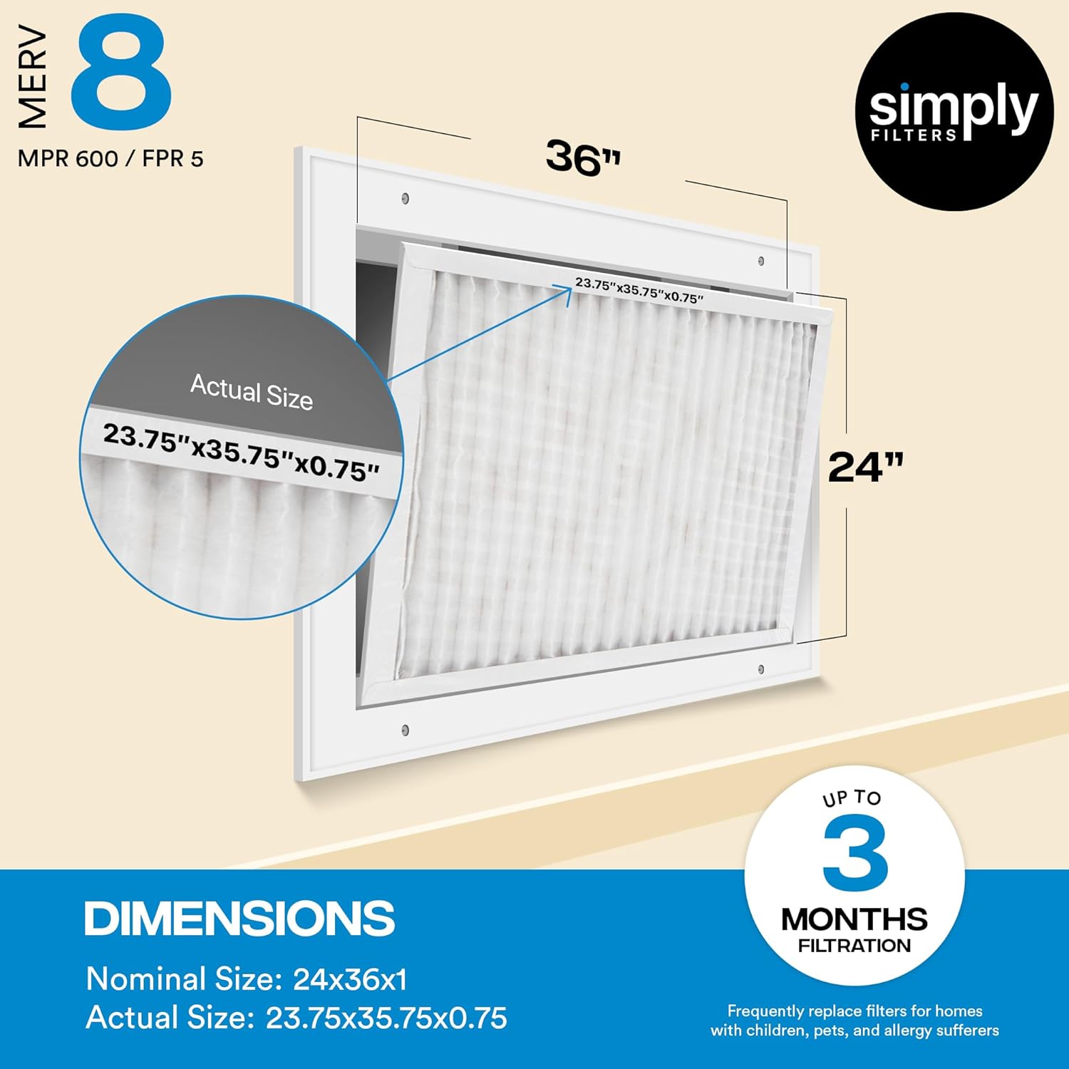 Simpl 24x36x Ai Filter Mer 8 MP 600 Pack Furnac Ai Filte fo HVA (Actua Size 23.75inchx35.75inchx0.75inch DUST Pet Allerg Control