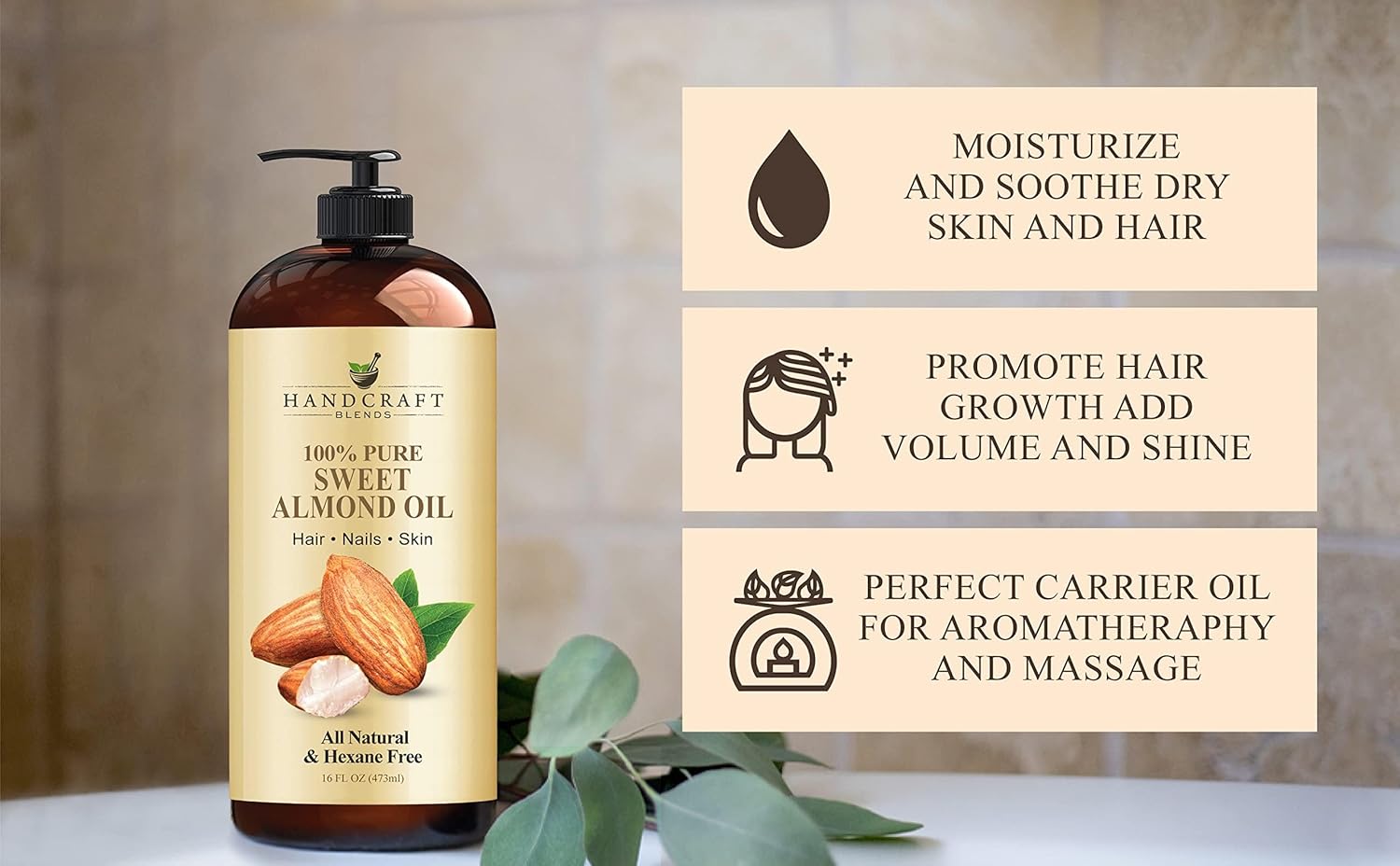 Handcraft Blends Sweet Almond Oil - 16 Fl Oz - 100% Pure and Natural - Premium Grade Carrier Oil for Skin and Hair - Hair and Body - Massage - Hexane-Free