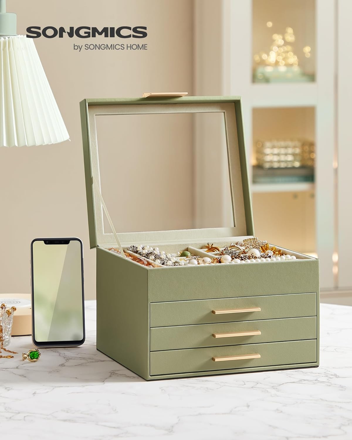 Jewelry Box Organizer with Glass Lid, 4-Layer Jewelry Storage, with 3 Drawers, Modern Style, Christmas Gift, 8 x 9.1 x 6.5 Inches, Avocado Green and Gold Color UJBC173C02