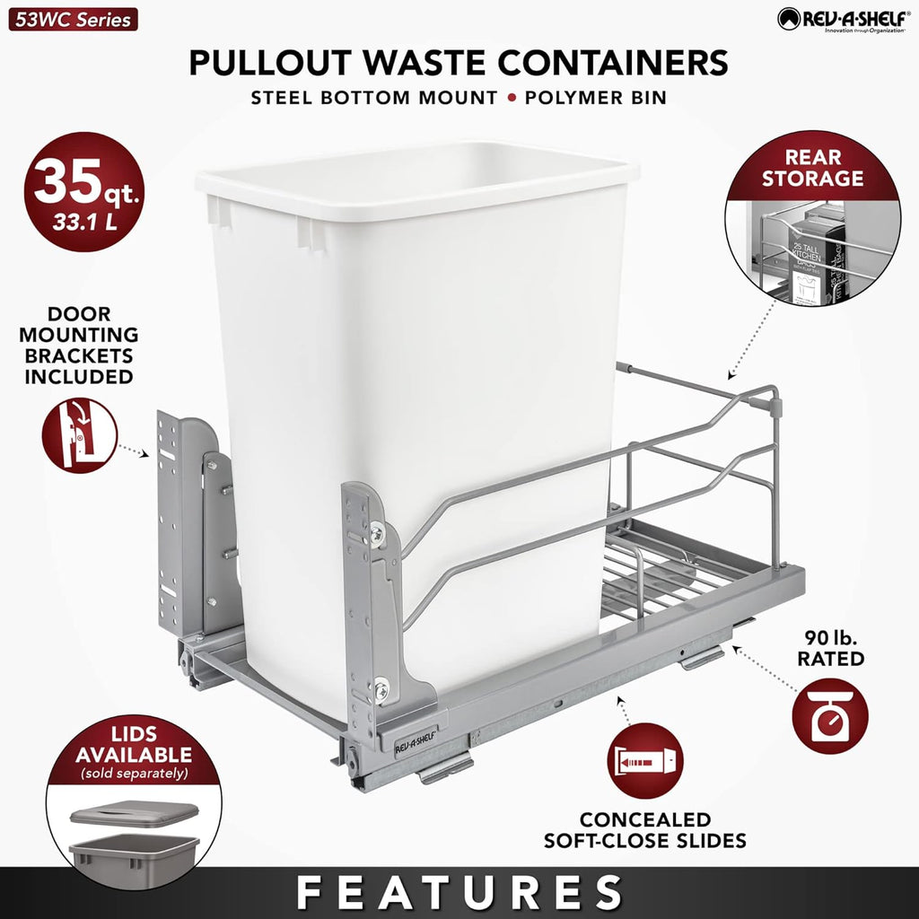 Rev-A-Shelf Pullout Trash Can for Base Kitchen Cabinets 35 Quart 8.75 Gallon with Soft-Close Slides and Rear Storage, White, 53WC-1535SCDM-111