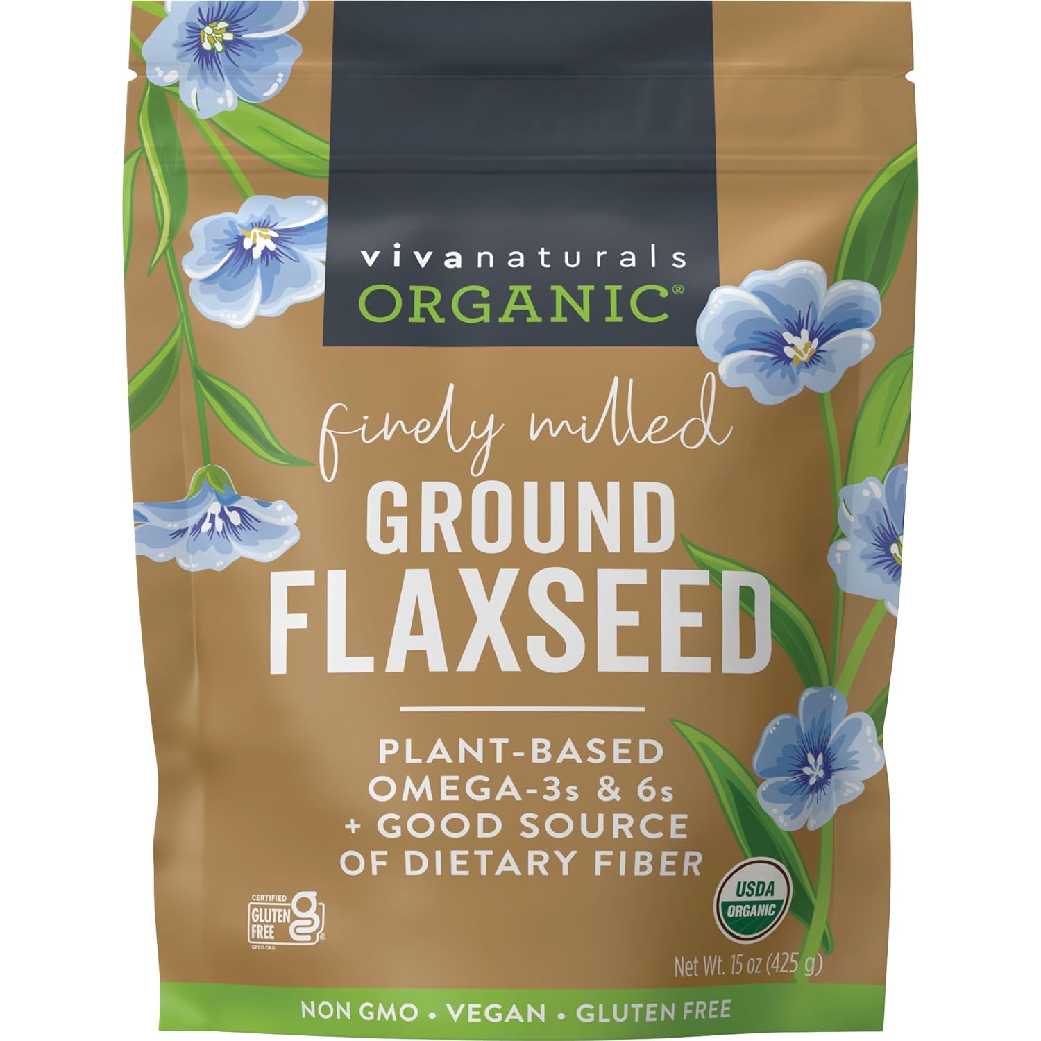 Viva Naturals Organic Ground Flaxseed, 15 oz (425 g) ¨C Plant-Based Protein, Vegan Omega-3 Fiber, Finely Milled Flax Seeds, Perfect for Smoothies Baking