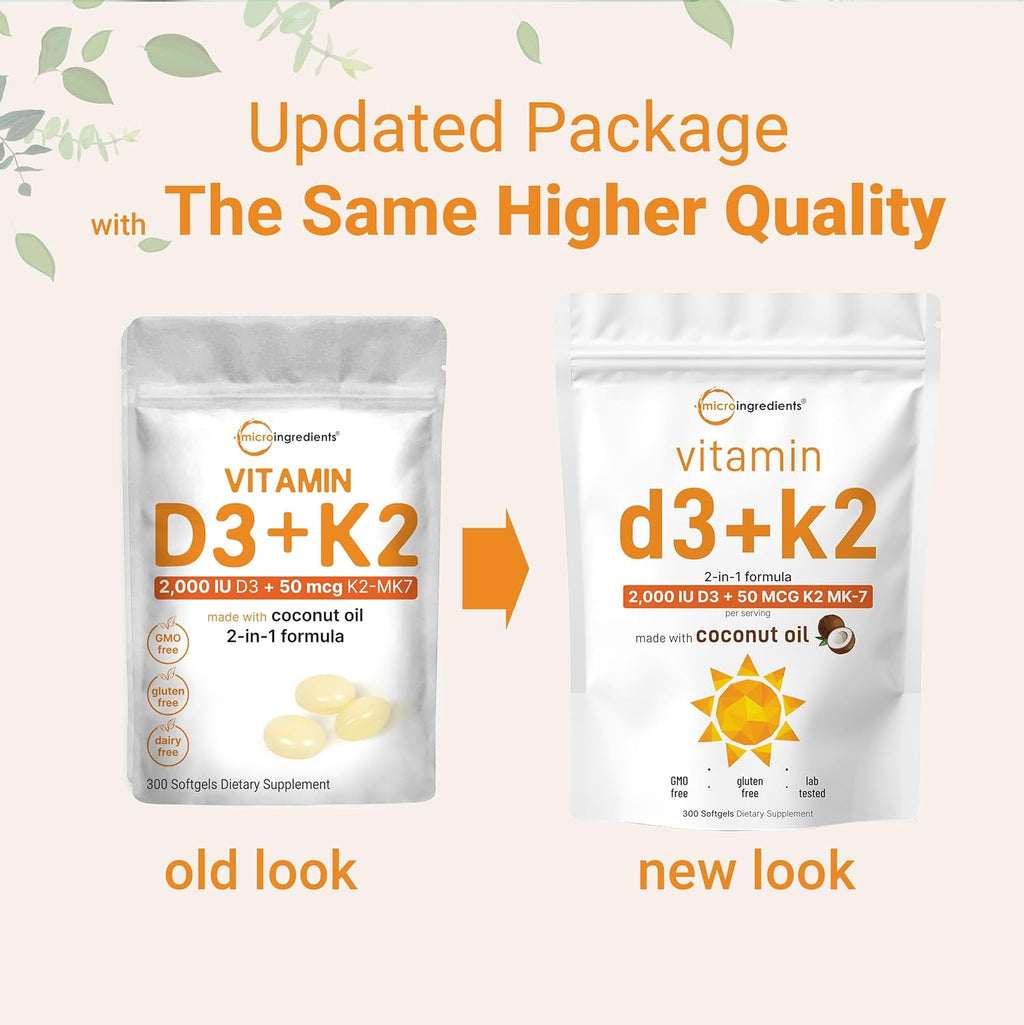 Micr Ingredient Vitami D 2,00 I K MK- 5 mcg 30 Softgel Virgi Coconu Oi 2-in- Bone Immun Hear Suppor Eas t Swallow Non-GMO