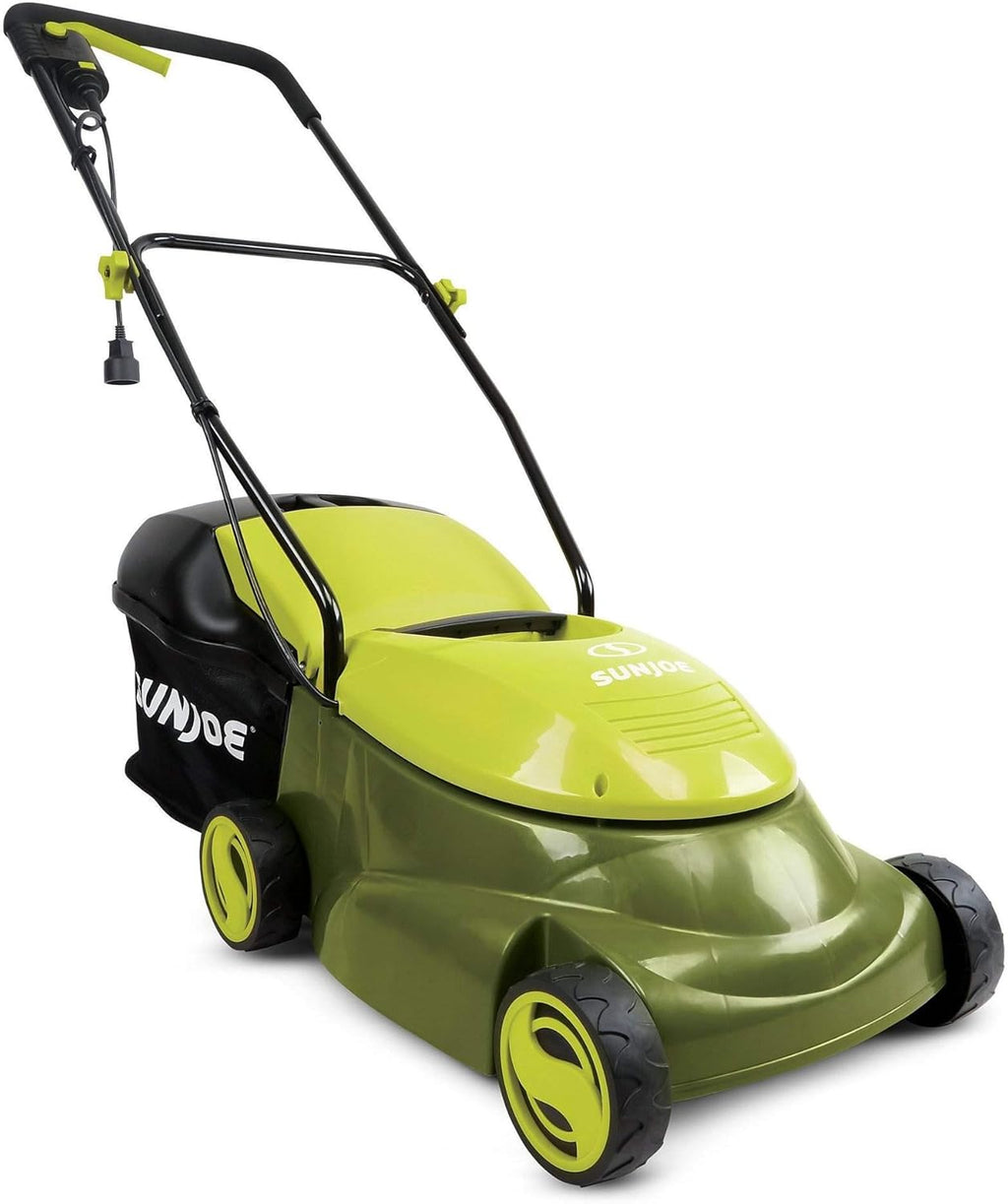Su Jo MJ401 14-Inc 12-Am Electri Law Mowe w/Collapsibl Handl fo Storage 3-Positio Heigh Control 10.6-Gallo Bag Green