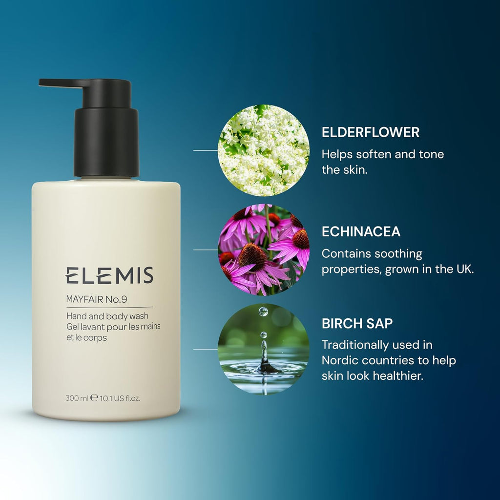 ELEMIS Mayfair No.9 Hand Body Wash, Cleanses, Hydrates, and Refreshes, 95% Biodegradable, PEG- and SLS-Free, Refillable + Recyclable Bottle, 300ml
