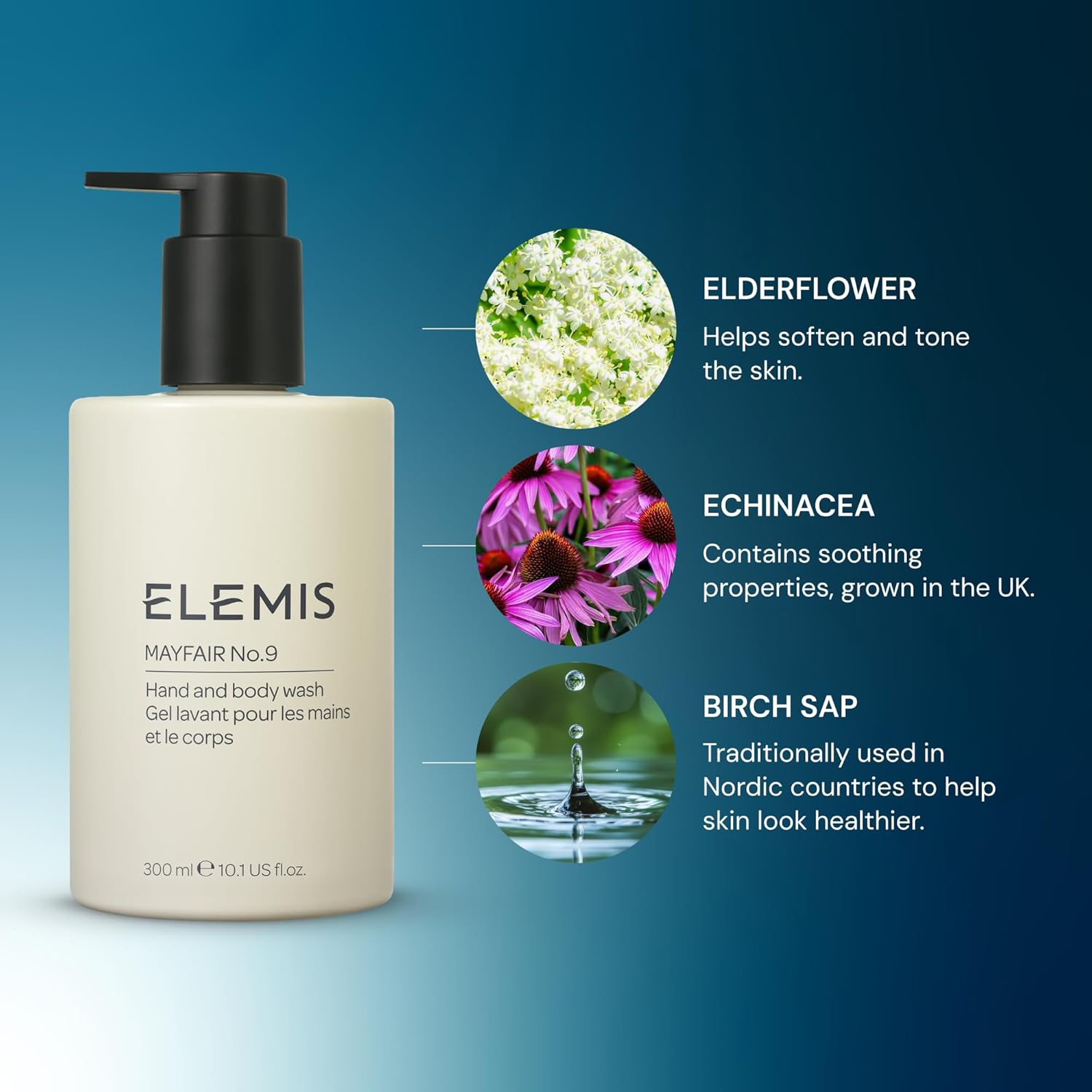 ELEMIS Mayfair No.9 Hand Body Wash, Cleanses, Hydrates, and Refreshes, 95% Biodegradable, PEG- and SLS-Free, Refillable + Recyclable Bottle, 300ml