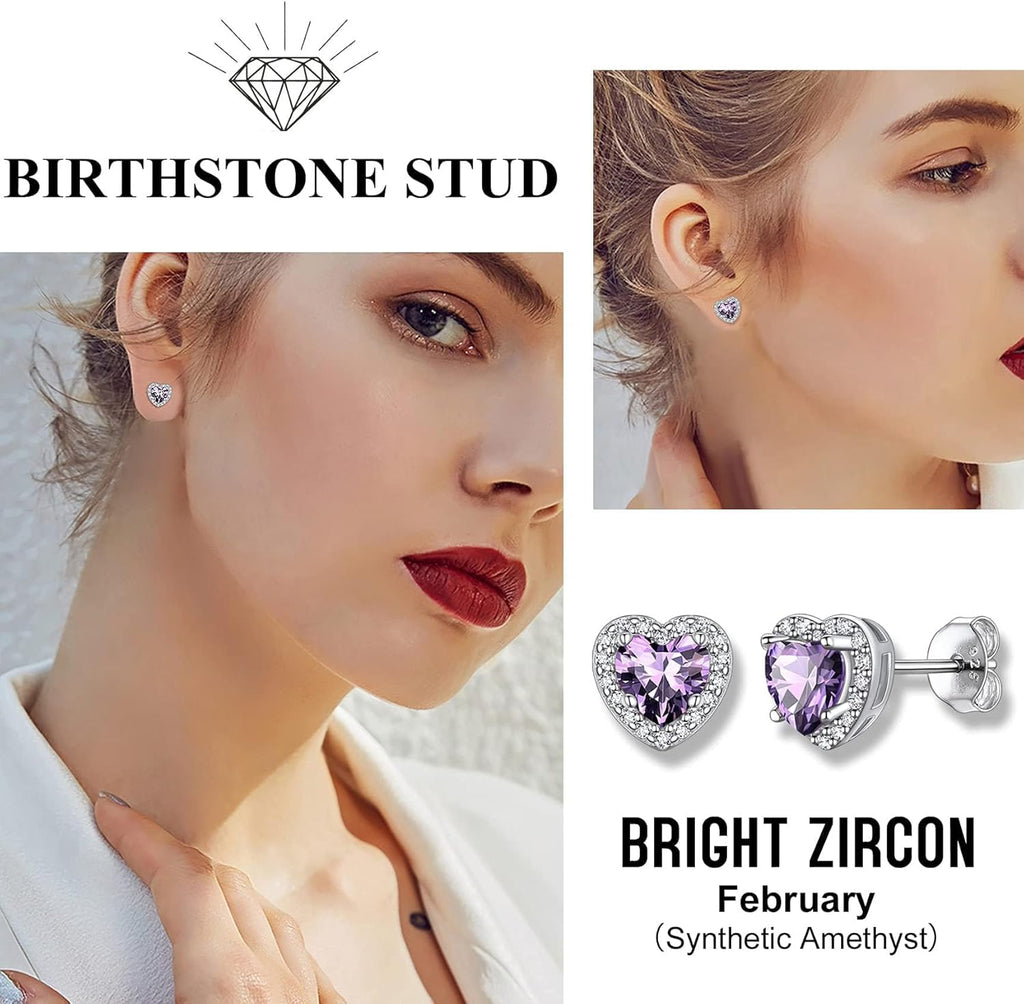 Bestyle Sparkling 925 Sterling Silver Birthstone Stud Earrings for Women, Heart/Round/Teardrop/Square Solitaire Diamond Studs Earrings, Great Birthday/Christmas Gifts