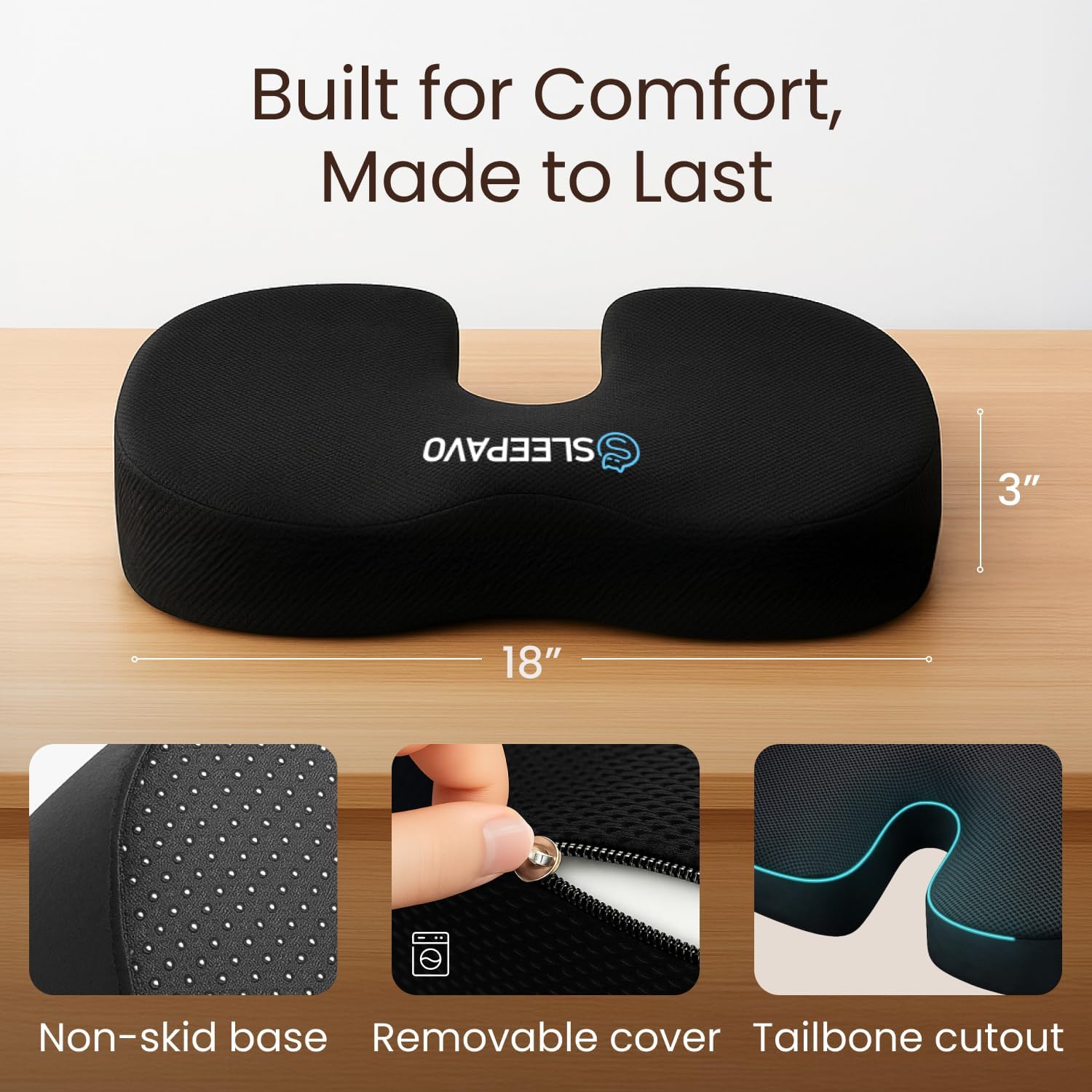Sleepavo Office Chair Cushion - Seat Cushion for Tailbone Pain Relief - Butt Pillow for Coccyx, Sciatica, and Lower Back Pain - Orthopedic Chair Pad for Lumbar Support in Office Desk, Car, Airplane