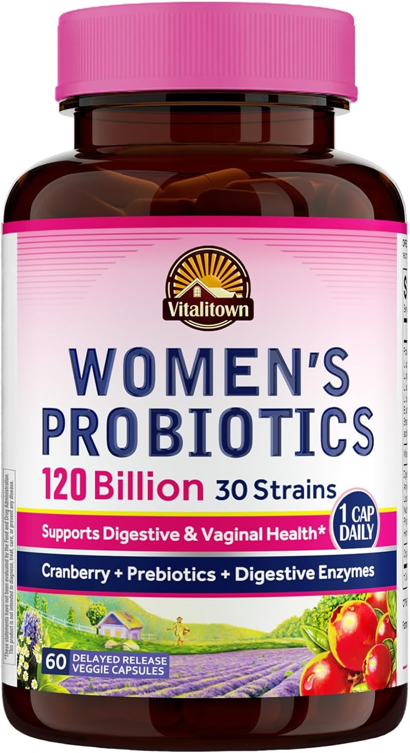 Vitalitown Probiotics for Women 120 Billion CFUs, 30 Strains, with Prebiotics Digestive Enzymes Cranberry, Gut Vaginal Health, Vegan 60 (Pack of 1) Delayed Release Caps