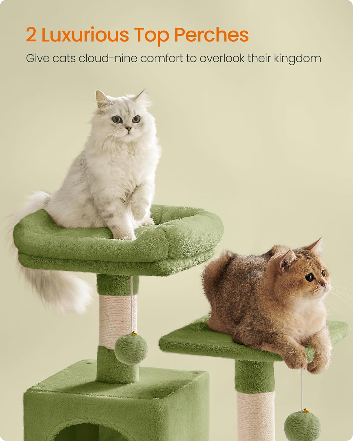 Cat Tree, 61-Inch Cat Tower for Indoor Cats, Plush Multi-Level Cat Condo with 5 Scratching Posts, 2 Perches, 2 Caves, Hammock, 2 Pompoms, Grass Green UPCT192C02