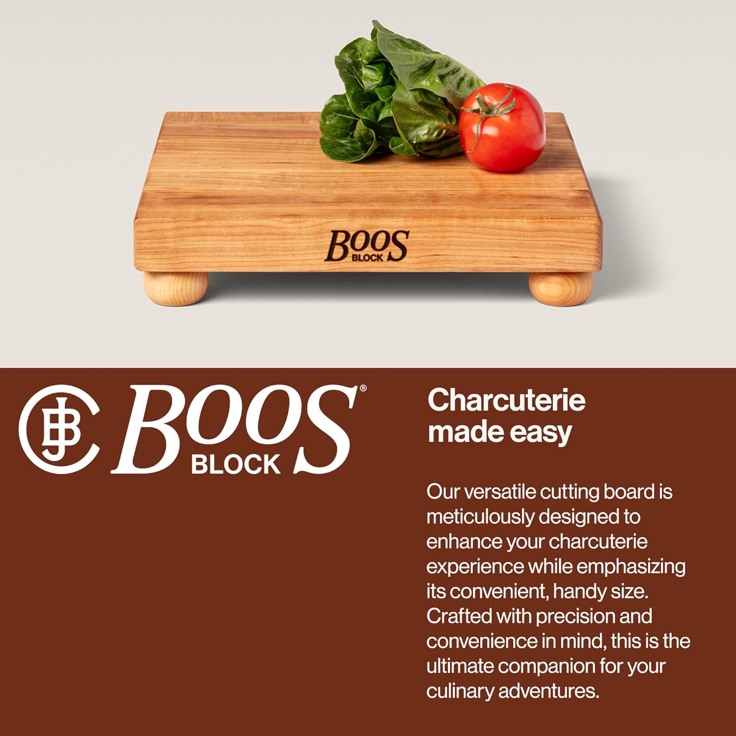 John Boos B Series Square Wooden Maple Cutting Board 12¡±x12¡± ¨C 1.5¡± Thick, 6-lb Non-Reversible Butcher Block with Wood Bun Feet & Edge-Grain