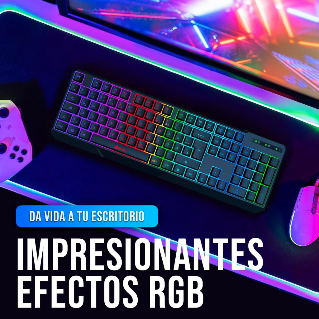 KLIM Chroma Wireless Spanish (Espa?a) Keyboard, RGB Backlit Wireless Keyboard, Rechargeable Battery, Quiet, Water-Resistant, Plug Play for PC, Mac, PS4/PS5