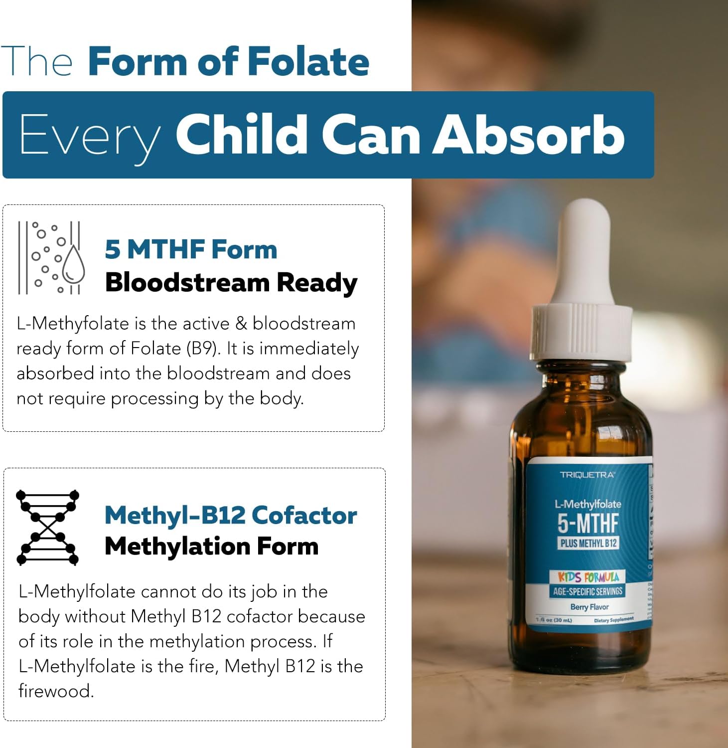 Organic Kids Methylfolate + Methyl B12 Cofactor - Organic Berry Flavor, Sublingual Form - 5-MTHF Form, Superior Form of Folate - Adjustable Dosing for All Ages - Mood, Behavior, Cognition - 1 oz.