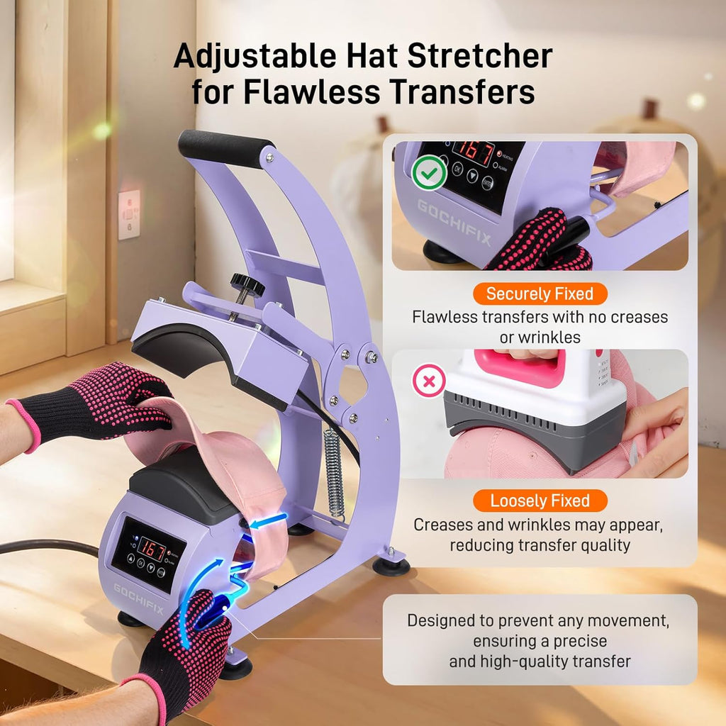 Ha Hea Pres Machine Precis Temp/Time Control 6.54inchx3.84inchCurve Hea Plate Ha Stretcher Safet Base Ha Pad Glove Hea Pres Hea fo Caps Sublimation Vinyl Hea Transfer
