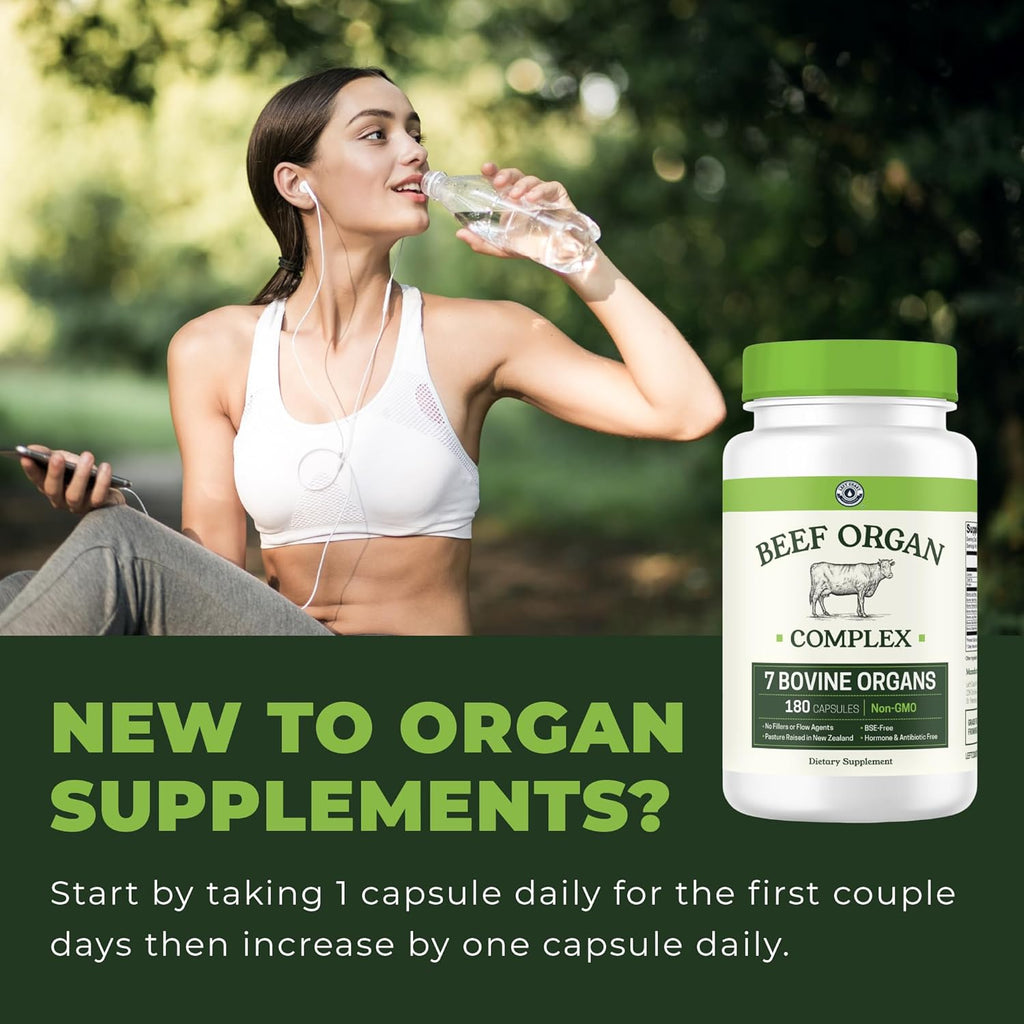 Beef Organ Supplement Grass Fed - 7 Beef Organs Complex from New Zealand - Liver Heart Pancreas Kidney Lung Spleen Bone Marrow - Non-GMO, No Fillers, Hormone & Antibiotic Free - Carnivore Diet - 180ct