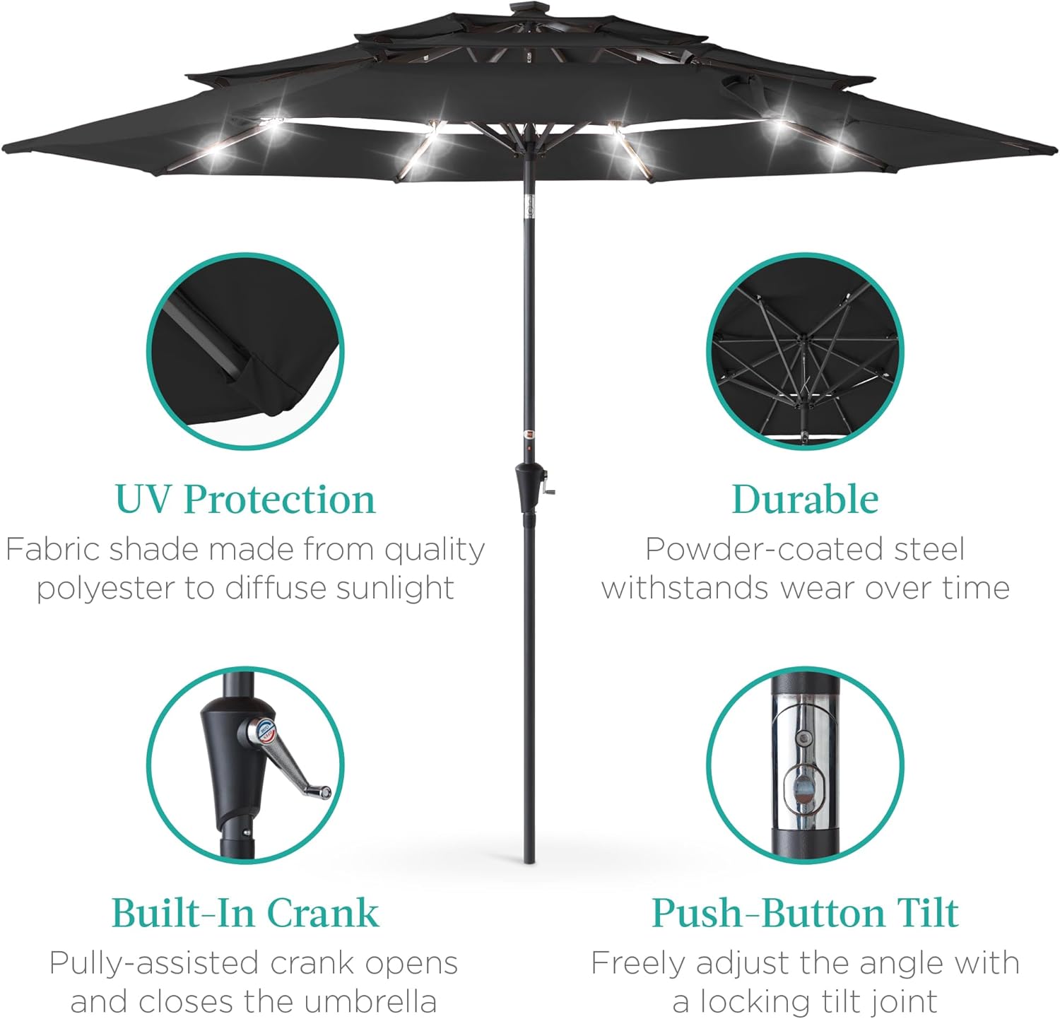 Best Choice Products 10ft 3-Tier Solar Patio Umbrella, Outdoor Market Sun Shade for Backyard, Deck, Poolside w/ 24 LED Lights, Tilt Adjustment, Easy Crank, 8 Ribs - Black