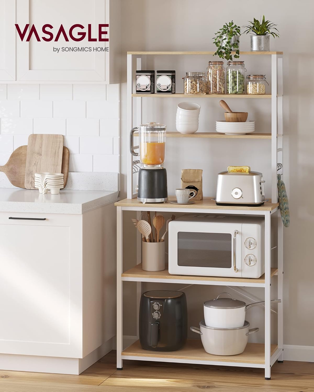 VASAGLE Coffee Bar, 31.5 Inches Baker's Rack for Kitchen with Storage, 6-Tier Kitchen Shelves with 6 Hooks, Microwave Stand, Modern, Golden Oak and Cloud White UKKS019W09