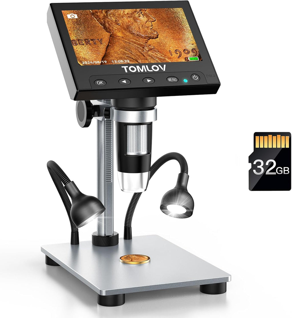 TOMLO 1000 Coi Microscop wit 4.3inc Screen Digita Microscop Magnifie wit LE Lights Meta Stand P View Photo/Video 32G S Card Windows macO Compatible DM4S