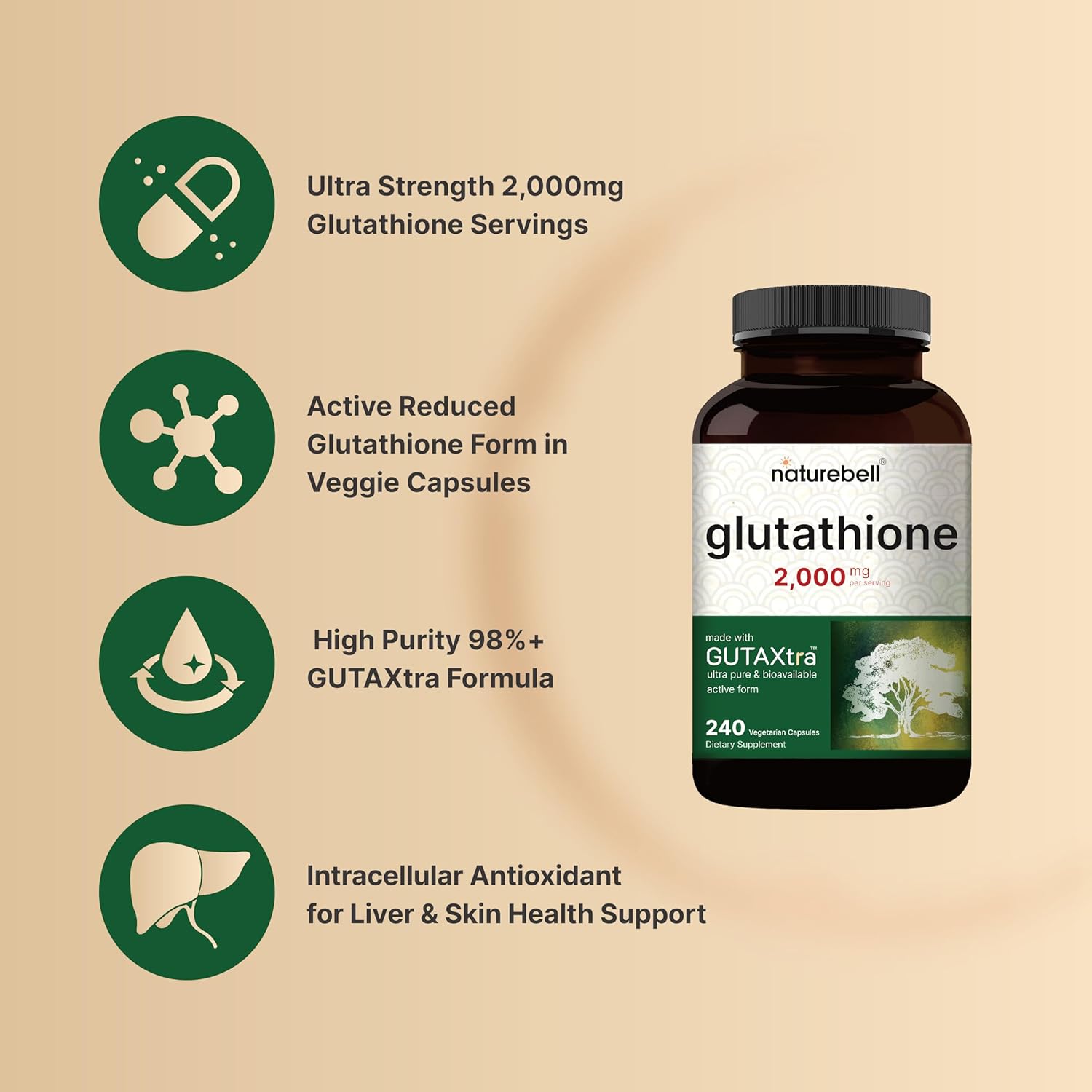 NatureBel Glutathion Supplemen 2,000m Pe Serving 24 Veggi Capsule 98% Purit Verified Bioavailabl Reduce Glutathion Pills Activ Form Maste Antioxidan Vega Friendl Non-GMO