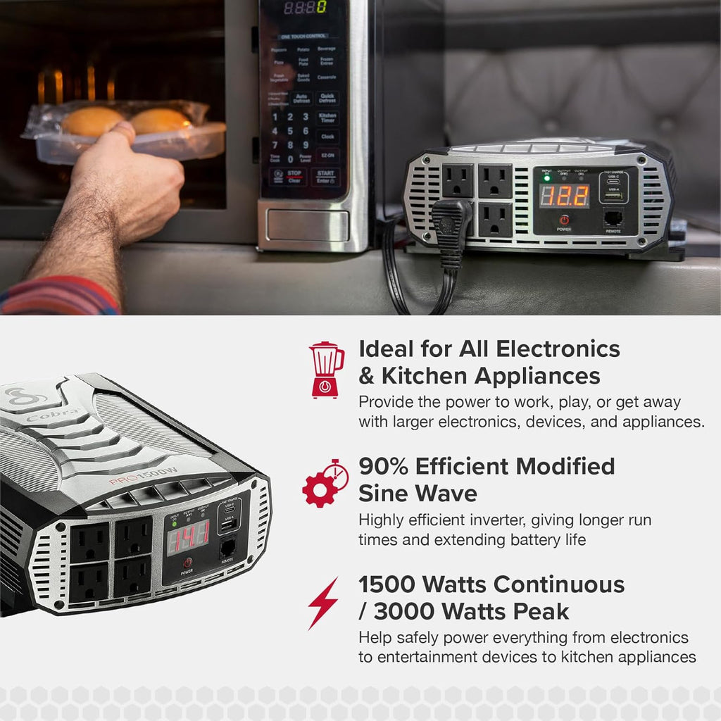 Cobra PRO 1500W Professional Grade Power Inverter, Portable ¨C 1500-Watt Car Charger, 4 Grounded AC Outlets, 2 Fast Charge USB Ports and Remote Controller (CPIALCDG1) Compatible