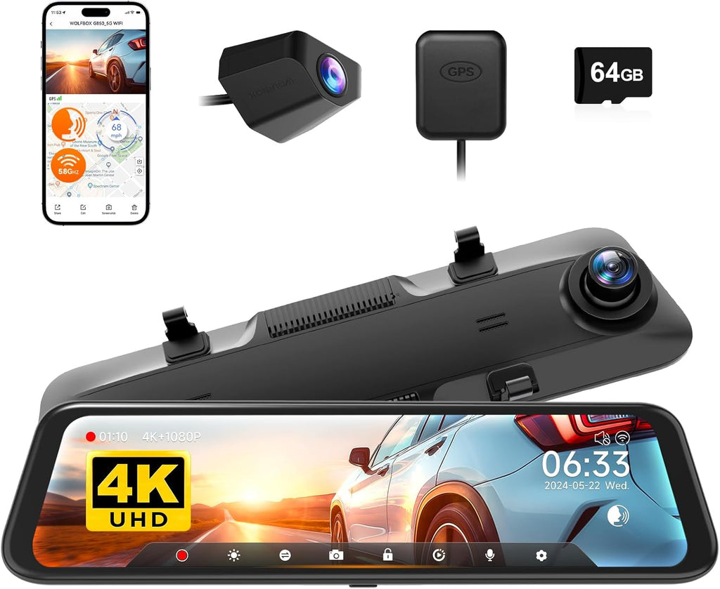 WOLFBO 12inc 4 Rea Vie Mirro Camer wit 5.8GH WiF an Voic Control Smar Mirro Das Ca Fron an Rear Backu Camer wit 1080 Rea Camera Das Ca wit WDR Include 64G Car GPS