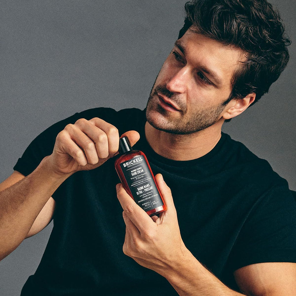 Brickel Men' Maximu Strengt Han Crea fo Men Natura an Organi Fast-Absorbin Han Lotio wit Vitami E She Butter an Jojoba Ounce Scented