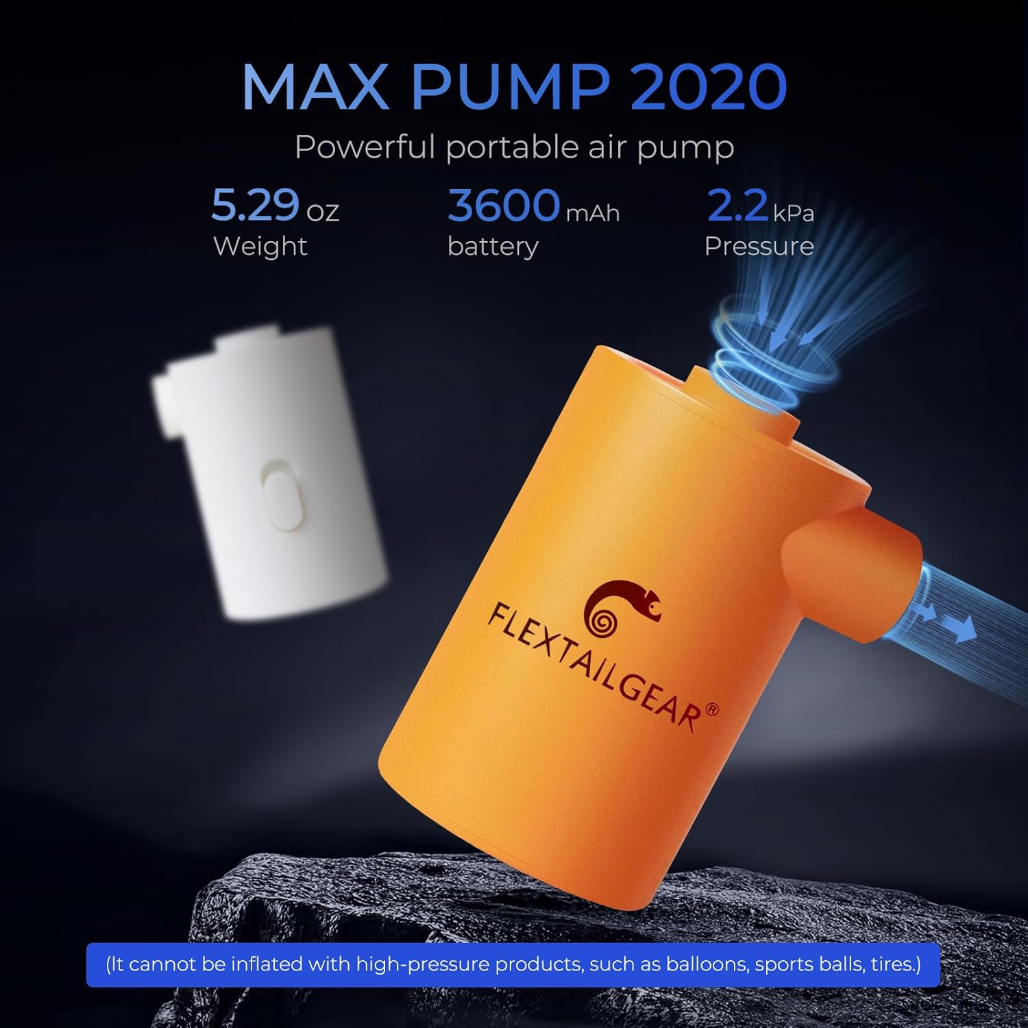 FLEXTAILGEAR MAX Pump Portable Air Pump with 3600mAH Battery USB Rechargeable Air Pump-Quick Inflate Deflate for Sleeping Pads, Air Mattress, Pool Toys, Floats, Swimming Ring, Air Bed (Orange)