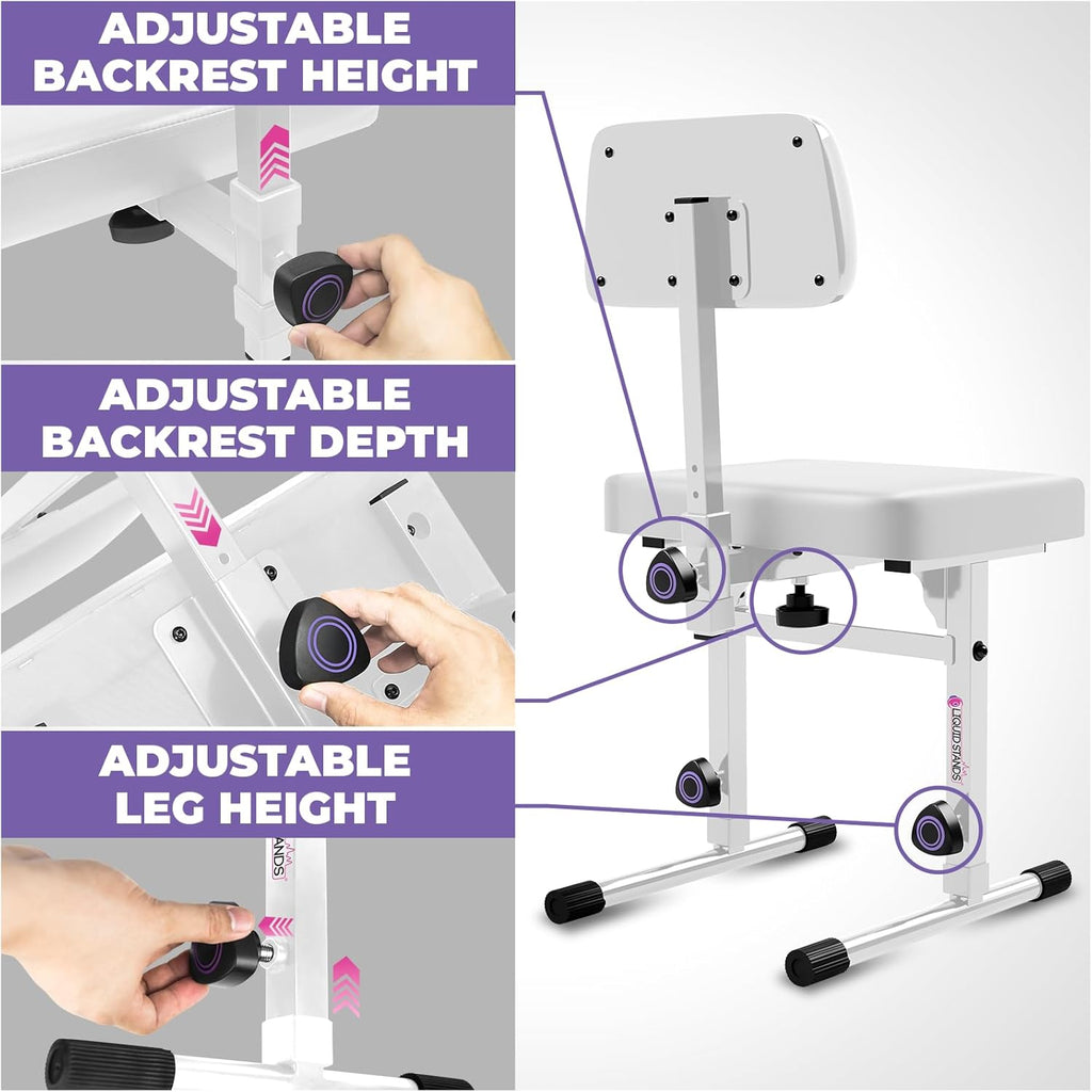 Liquid Stands White Adjustable Piano Bench with Backrest ¨C Music Keyboard Bench Seat for Digital & Electric Pianos - Musicians Stylish Seating, Comfortable, Sturdy, Padded Cushion - Piano Stool Chair
