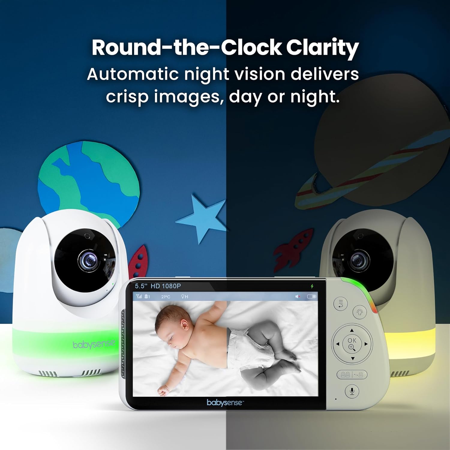 Babysense Full HD 5.5inch Split Screen Baby Monitor with 2 Cameras, 6-Color Night Light, White Noise, Sound Light Machine, 20-Hour Battery, Hack-Proof Non-WiFi Secure Connection
