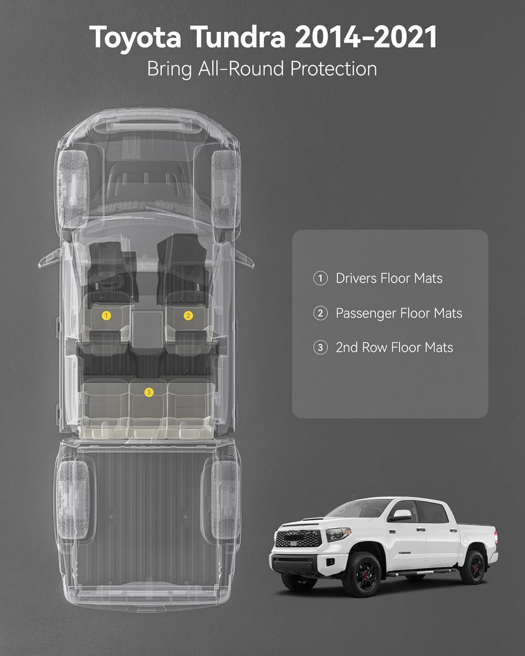 3W Floor Mats Fit for Toyota Tundra 2014-2021 (Only for CrewMax Cab), TPE All Weather Custom Fit Floor Liner for Tundra Accessories SR5/TRD/Limited 1st and 2nd Row Full Set Car Mats Easy Clean, Black