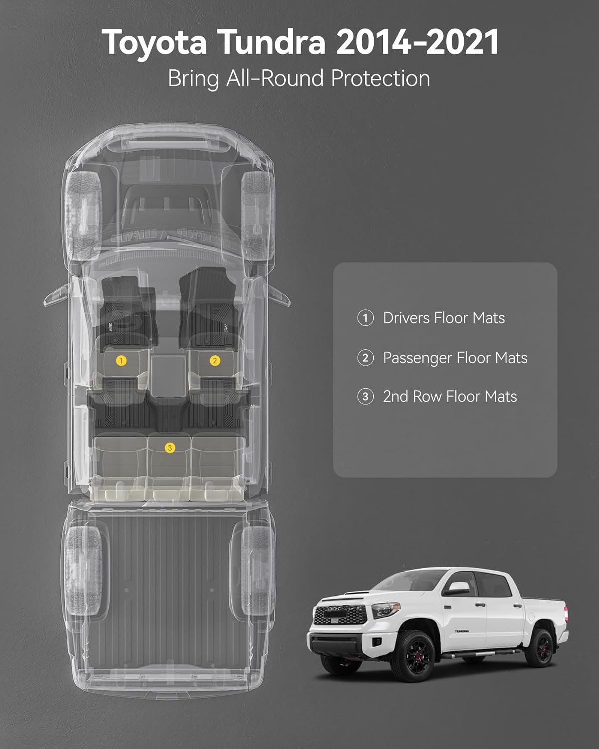 3W Floor Mats Fit for Toyota Tundra 2014-2021 (Only for CrewMax Cab), TPE All Weather Custom Fit Floor Liner for Tundra Accessories SR5/TRD/Limited 1st and 2nd Row Full Set Car Mats Easy Clean, Black