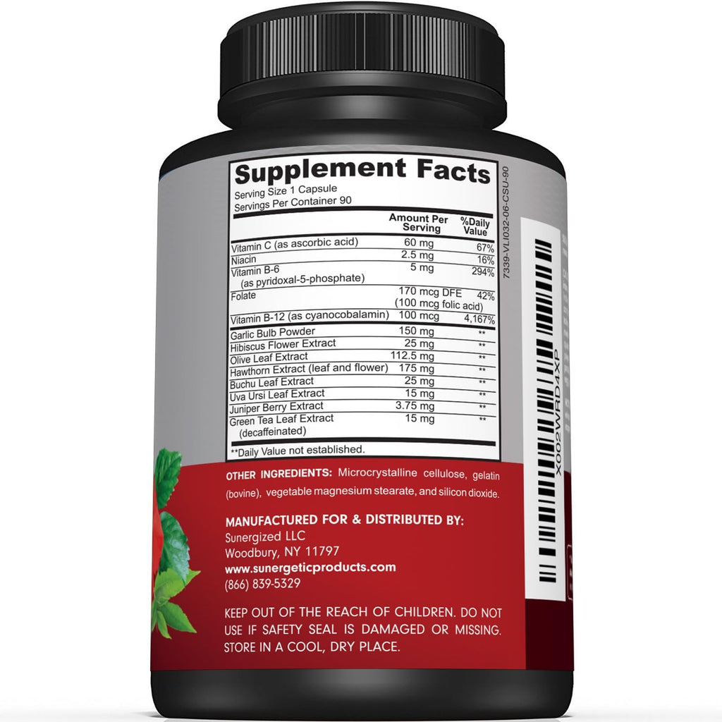 Sunergetic Premium Blood Pressure Support Supplement for Cardiovascular & Heart Health with Garlic, Hawthorn & Hibiscus (90 Capsules)