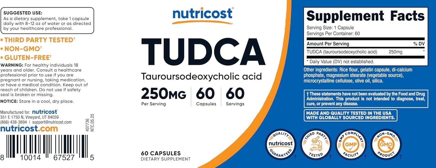 Nutricost Tudca 250mg, 60 Capsules (Tauroursodeoxycholic Acid) - Premium Quality