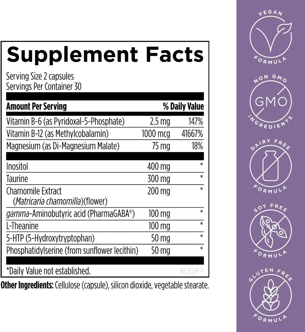 Design fo Healt NeuroCal 5HT GAB L-Theanin Supplemen fo Stres Respons Methylate B12 Vitami B6 Taurine Chamomil Magnesiu Supplemen fo Moo Suppor (6 Vega Capsules)